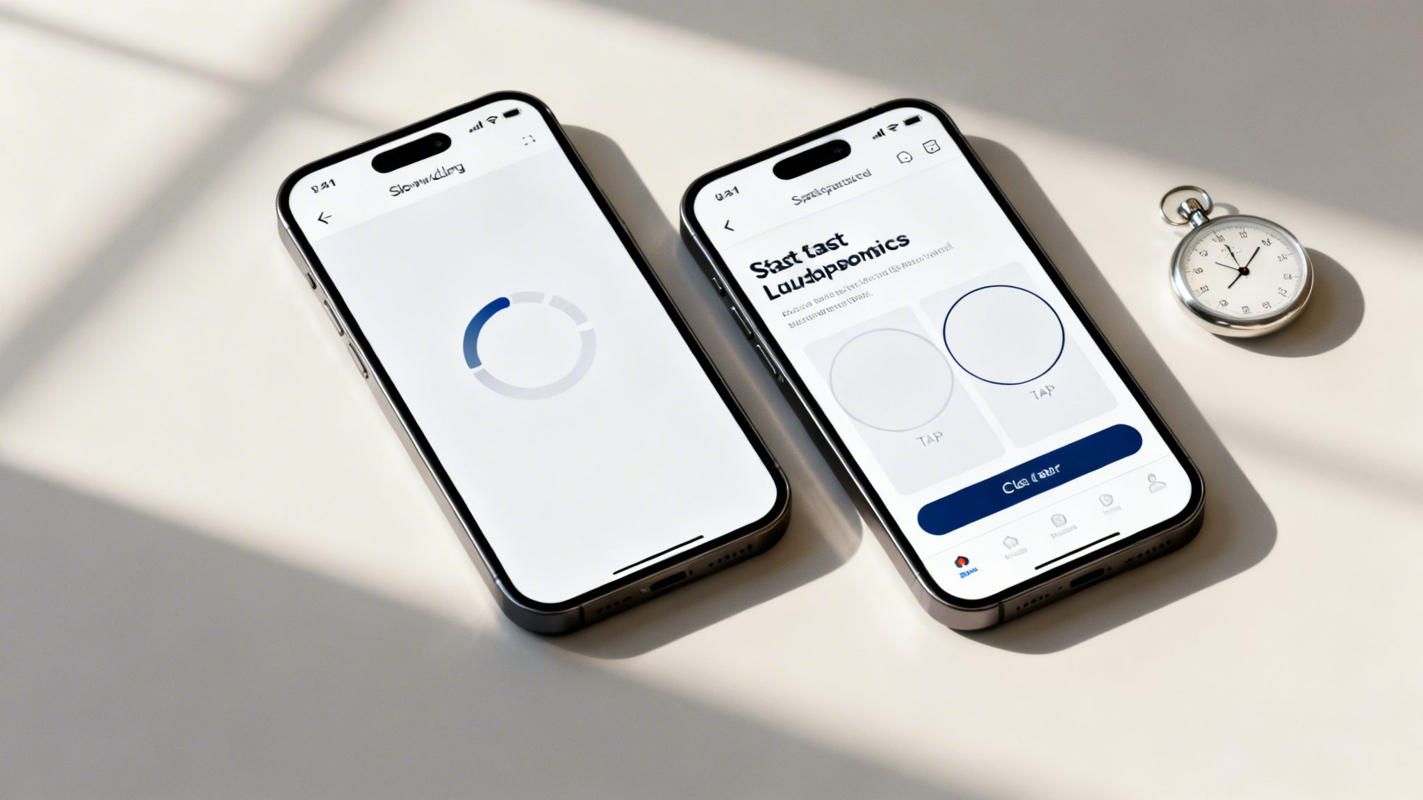 Two iPhones display mobile app interfaces, one showing a loading animation, the other a user survey, alongside a stopwatch on a light surface.