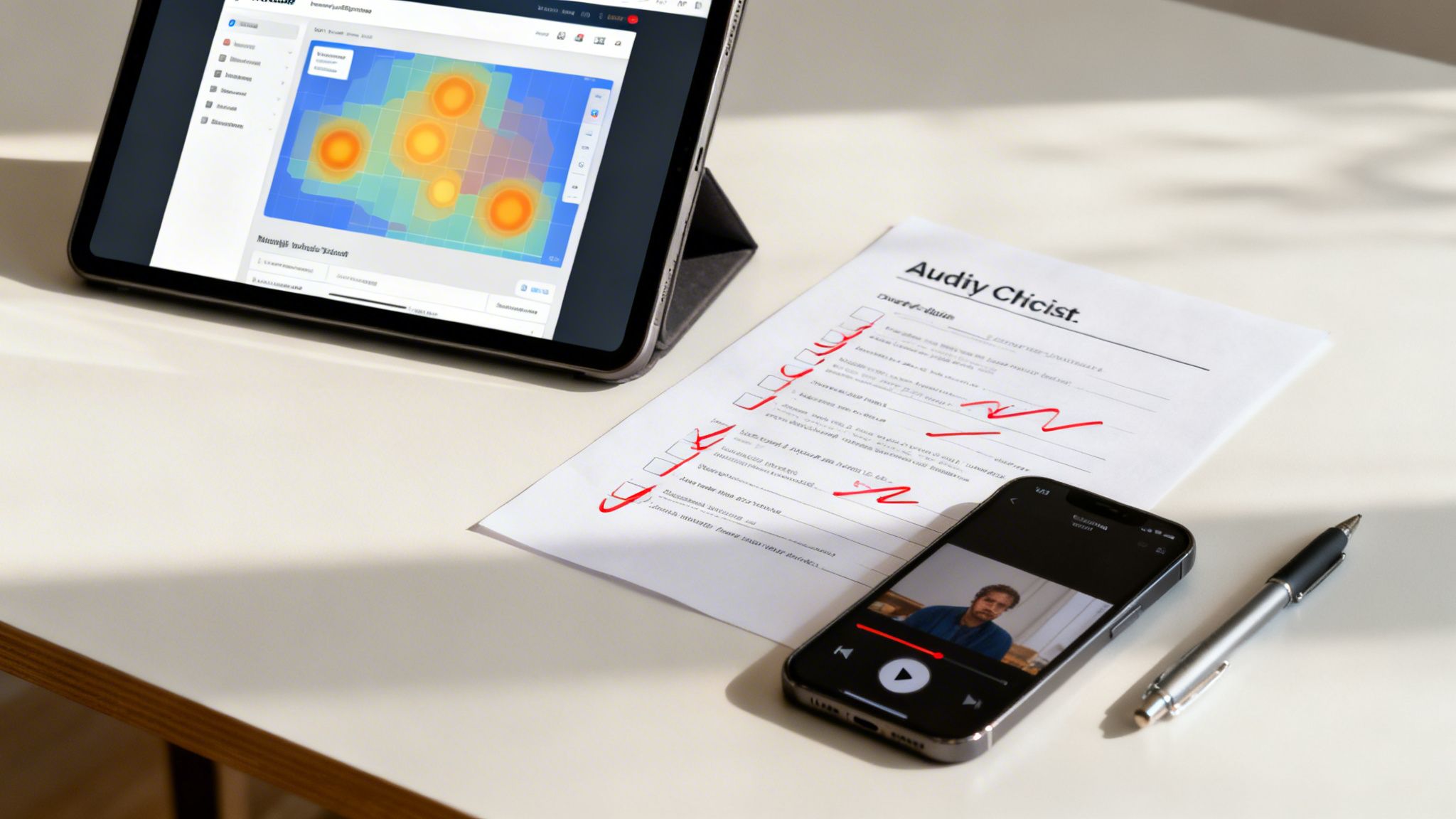A desk setup featuring a tablet displaying a UX heatmap, a checklist, a smartphone playing a video, and a pen.