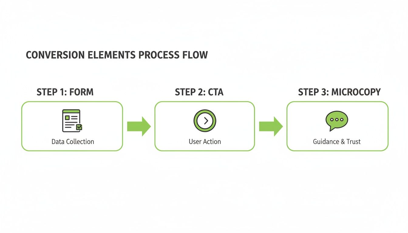A visual process flow illustrating conversion elements: form for data collection, call to action, and microcopy.