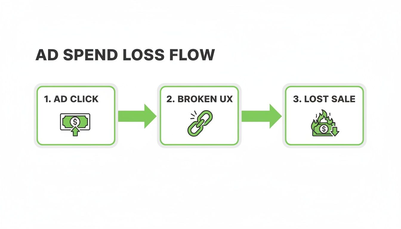 Flowchart showing ad spend loss: ad click, broken user experience, leading to a lost sale.