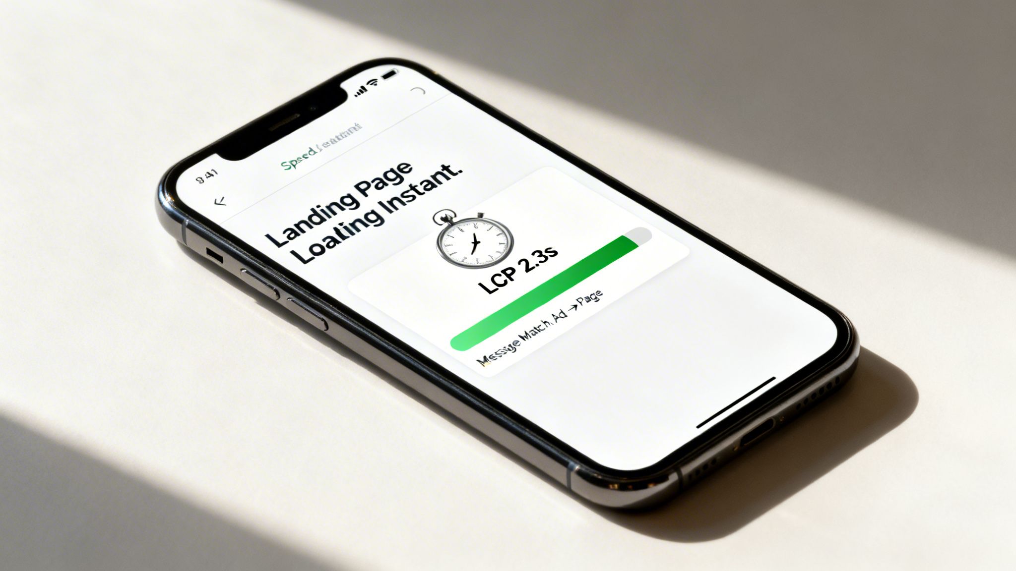 A smartphone screen displays 'LCP 2.3s' with a progress bar, indicating instant landing page loading.