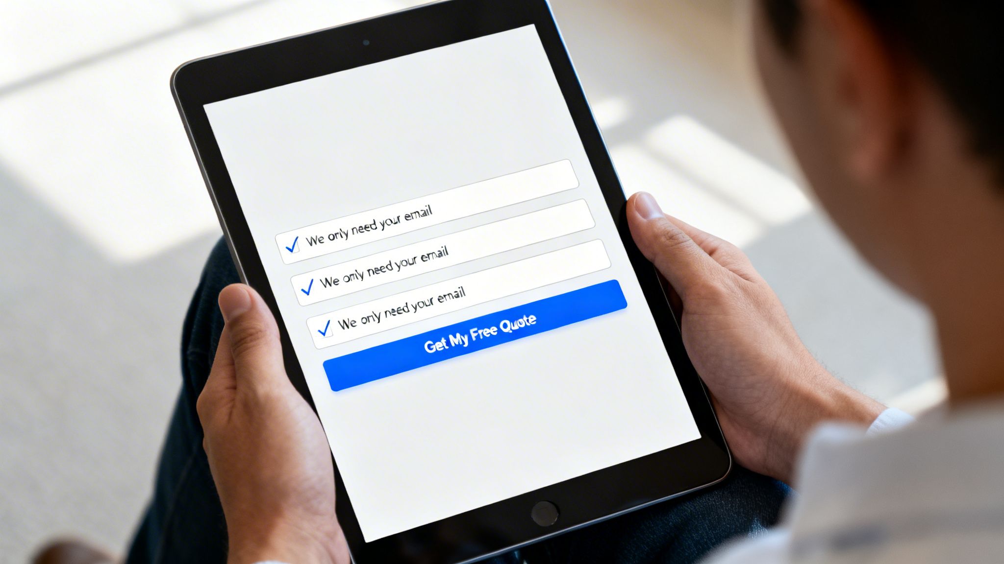 Person holds a tablet displaying an email signup form with 'Get My Free Quote' button.
