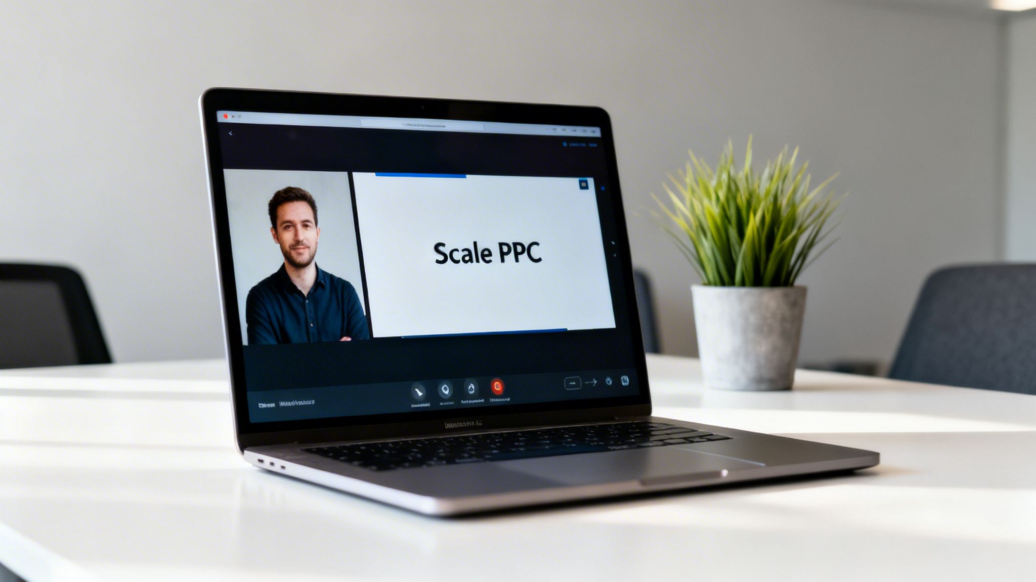 Laptop on a white desk displaying a man presenting 'Scale PPC' content during a video call, with a green plant.