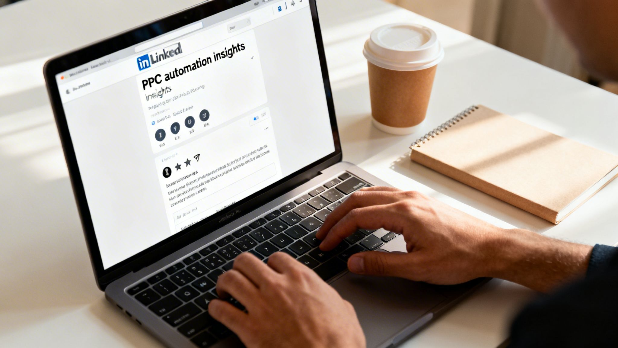 Person typing on a MacBook, viewing a LinkedIn article about PPC automation insights, with coffee and a notebook on the desk.