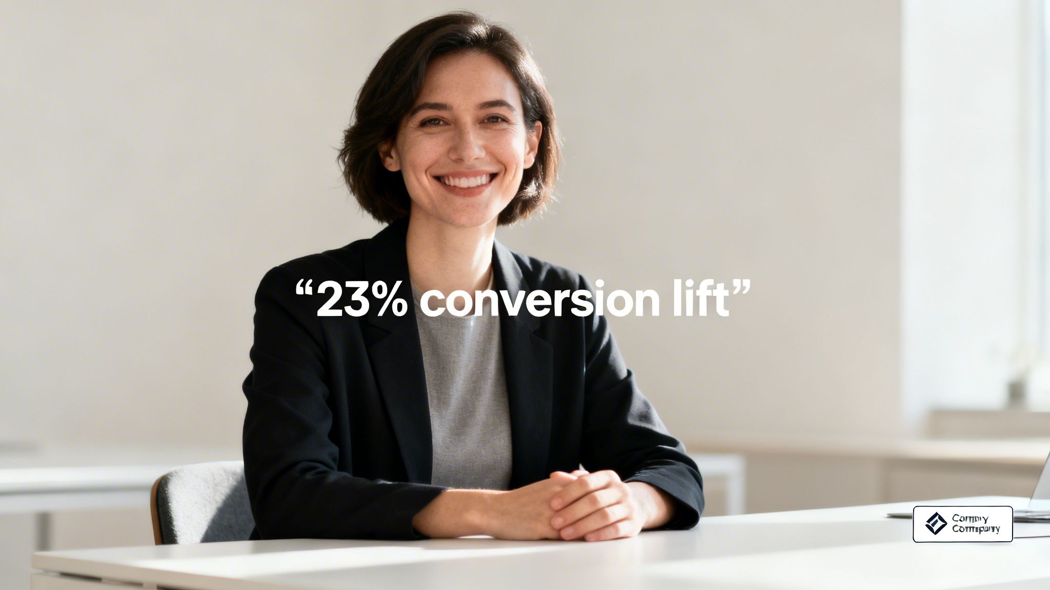 A smiling businesswoman in a suit sits at a desk, with text showing a '23% conversion lift'.