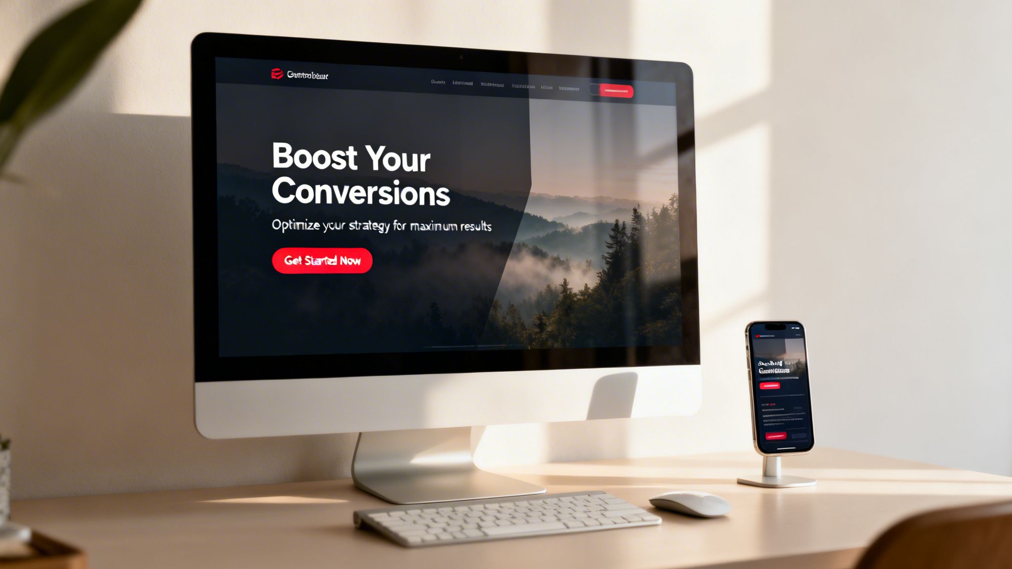A desktop computer and smartphone showcasing a website with 'Boost Your Conversions' on a modern desk.