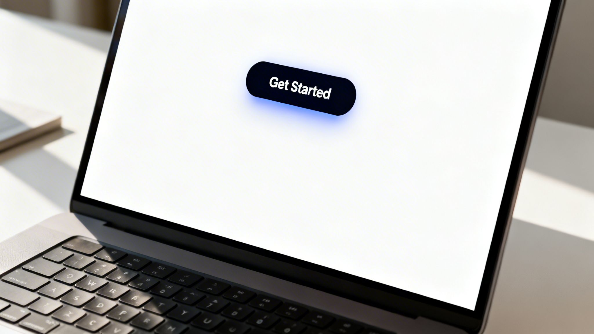 A laptop screen displaying a 'Get Started' button with a glowing blue effect, on a light-colored desk.