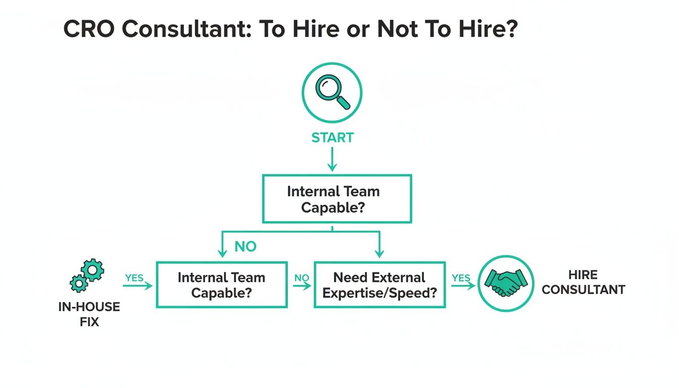 Flowchart for deciding on hiring a CRO consultant based on internal capability and external expertise need.