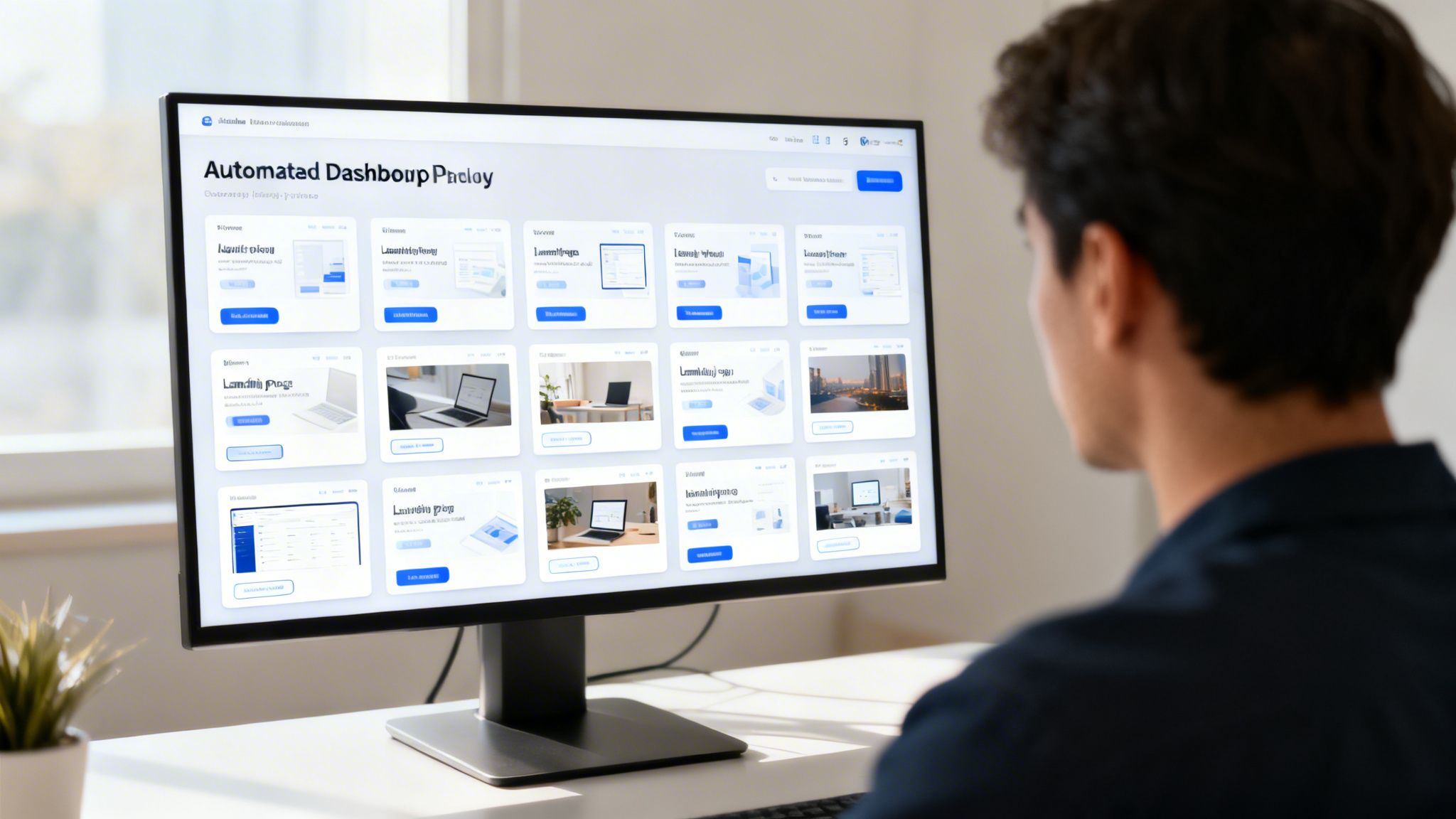 Young man focused on a computer screen displaying an automated dashboard interface with various web application cards.