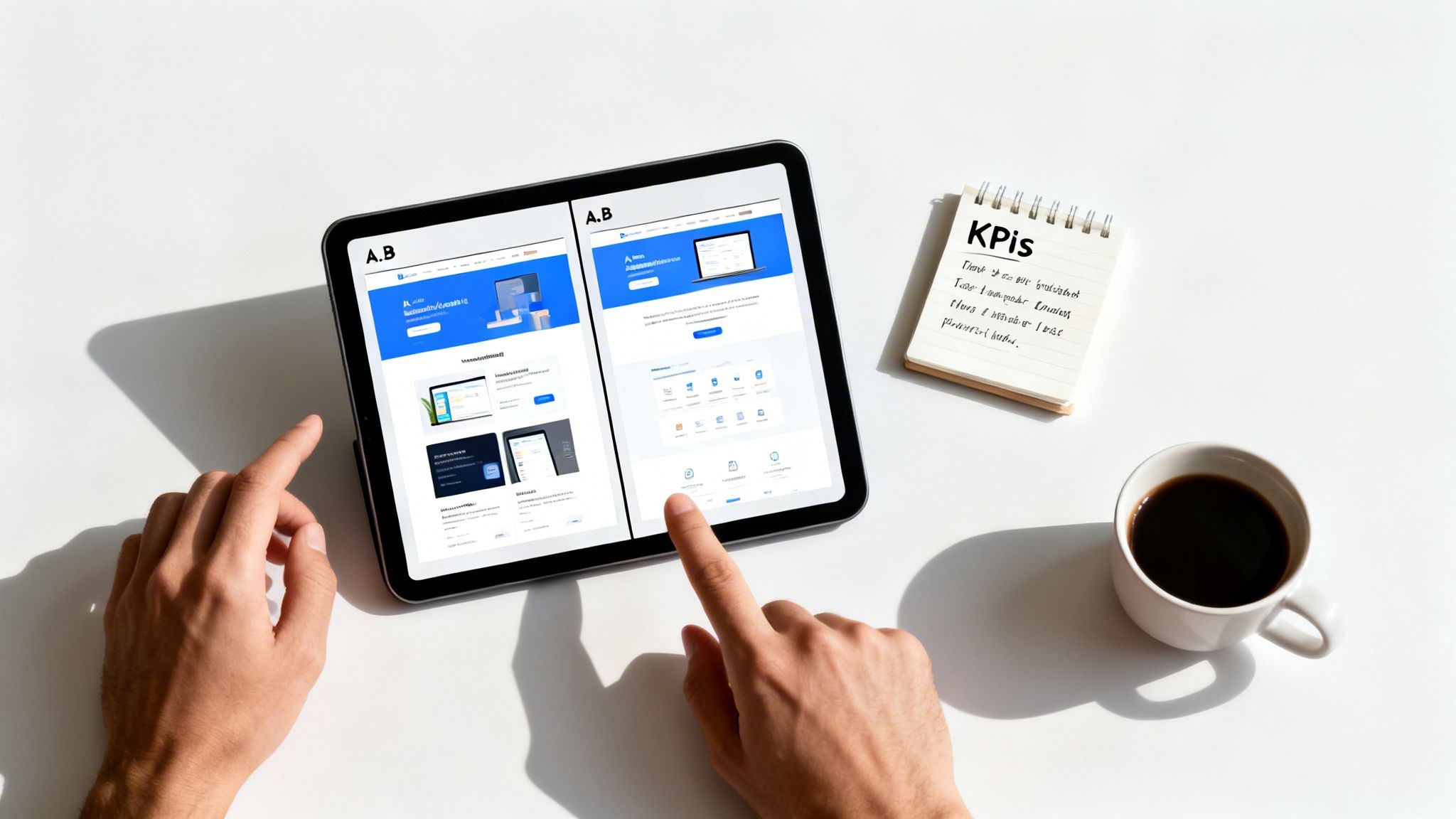 Hands interact with a tablet displaying website A/B test layouts, next to a notepad with KPIs and a coffee cup.