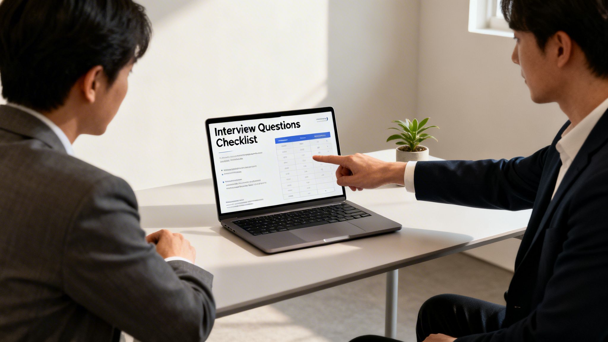 Two business professionals review an interview questions checklist on a laptop during a meeting.