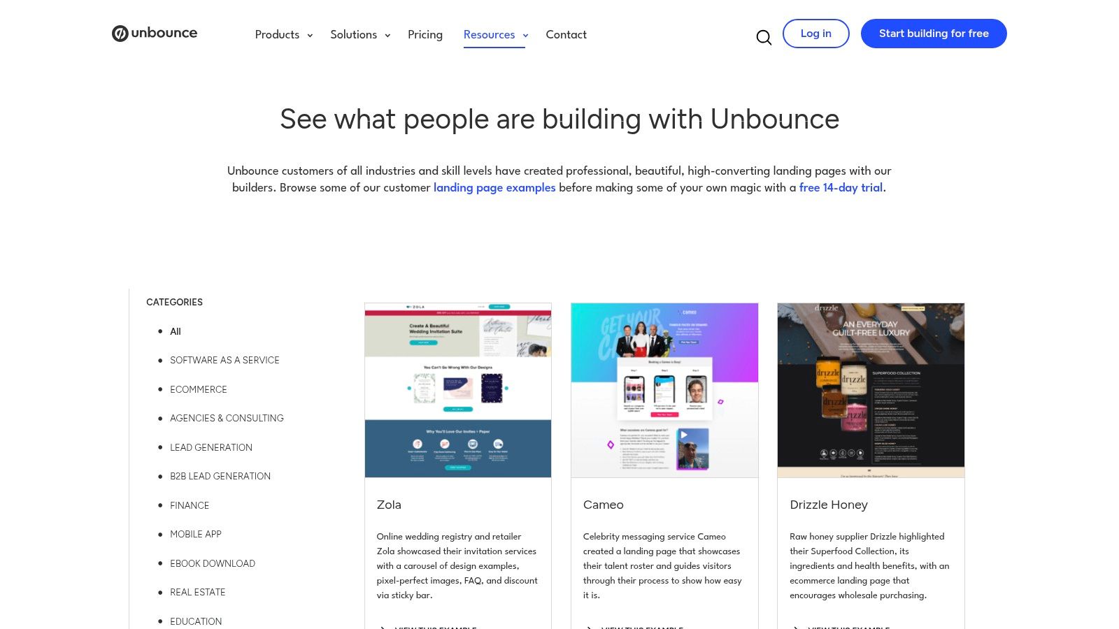 A screenshot of the Unbounce landing page examples gallery, showing a grid of different landing page designs.