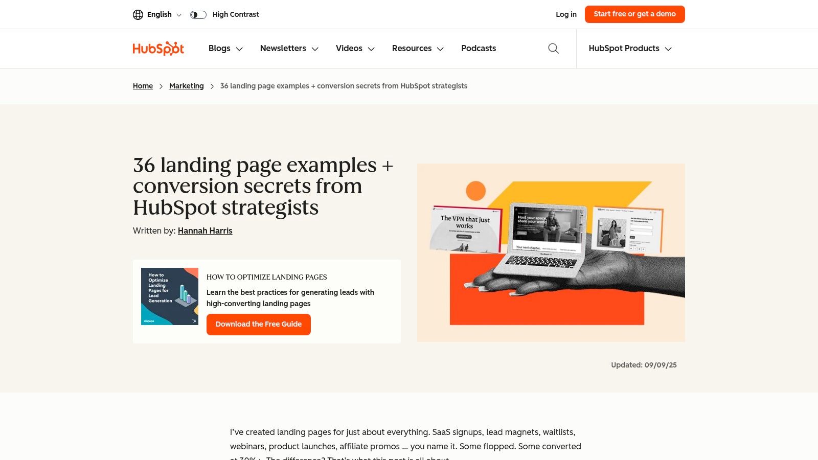 A screenshot of a HubSpot blog post showing a grid of different landing page examples.