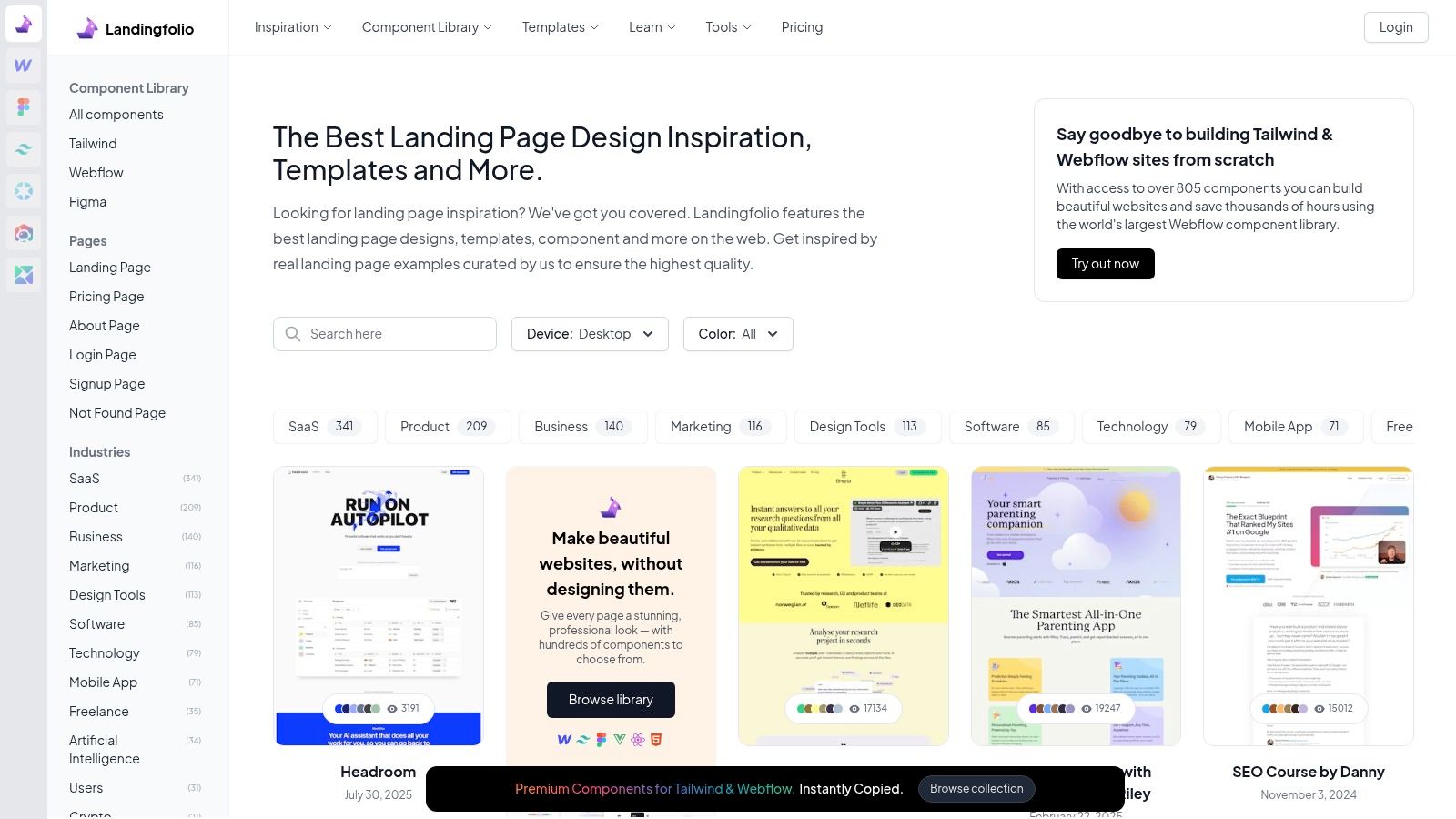 A screenshot of the Landingfolio website, displaying a gallery of various landing page designs from different companies.