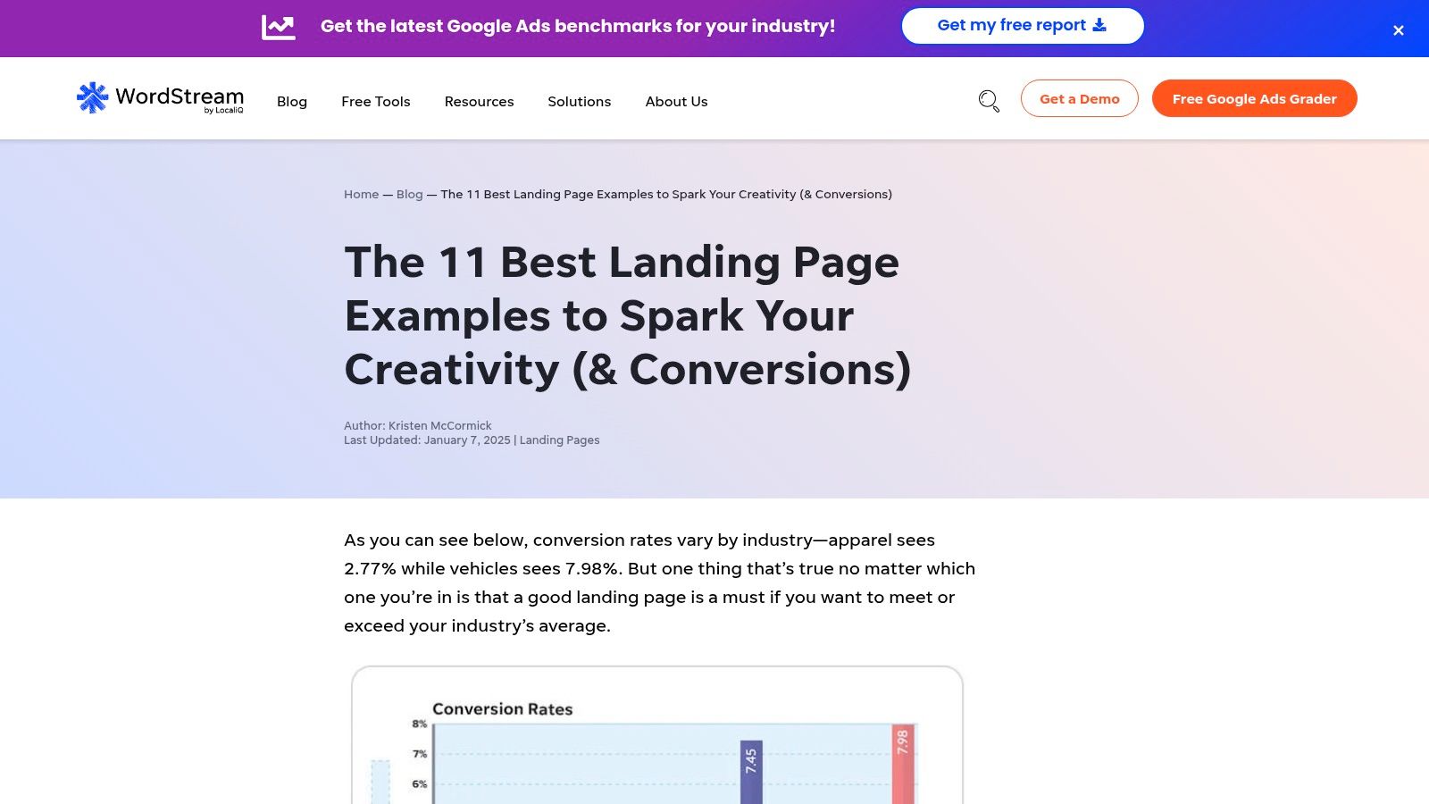A screenshot of a WordStream blog post, featuring a landing page example with analytical text beside it.