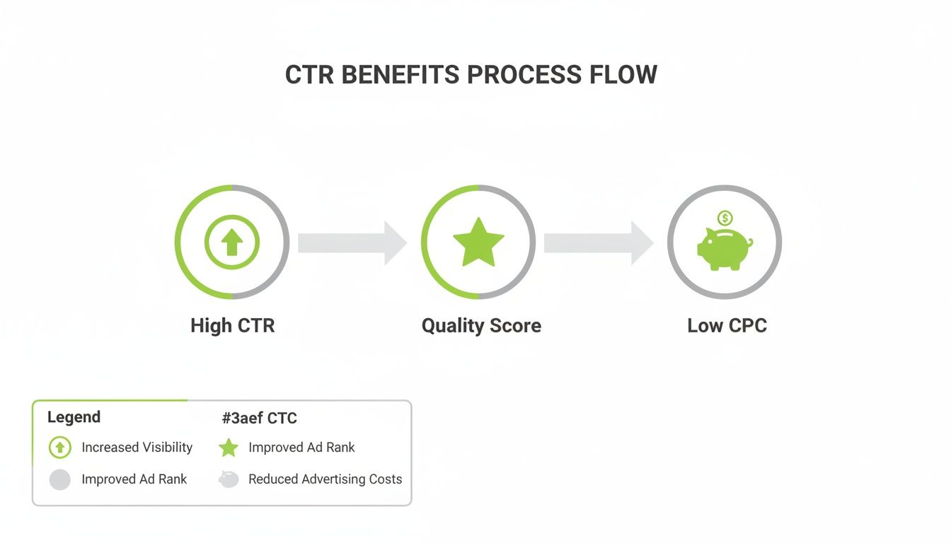 Process flow diagram showing how high CTR leads to better Quality Score and lower advertising costs.