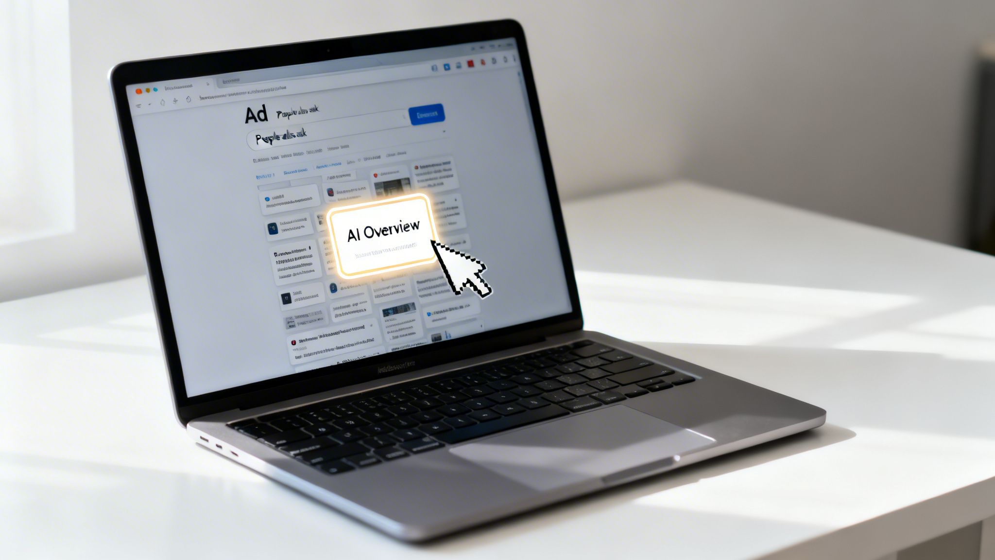 A simplified illustration of a Google Search Engine Results Page (SERP) showing ads, AI Overviews, and organic results competing for clicks.