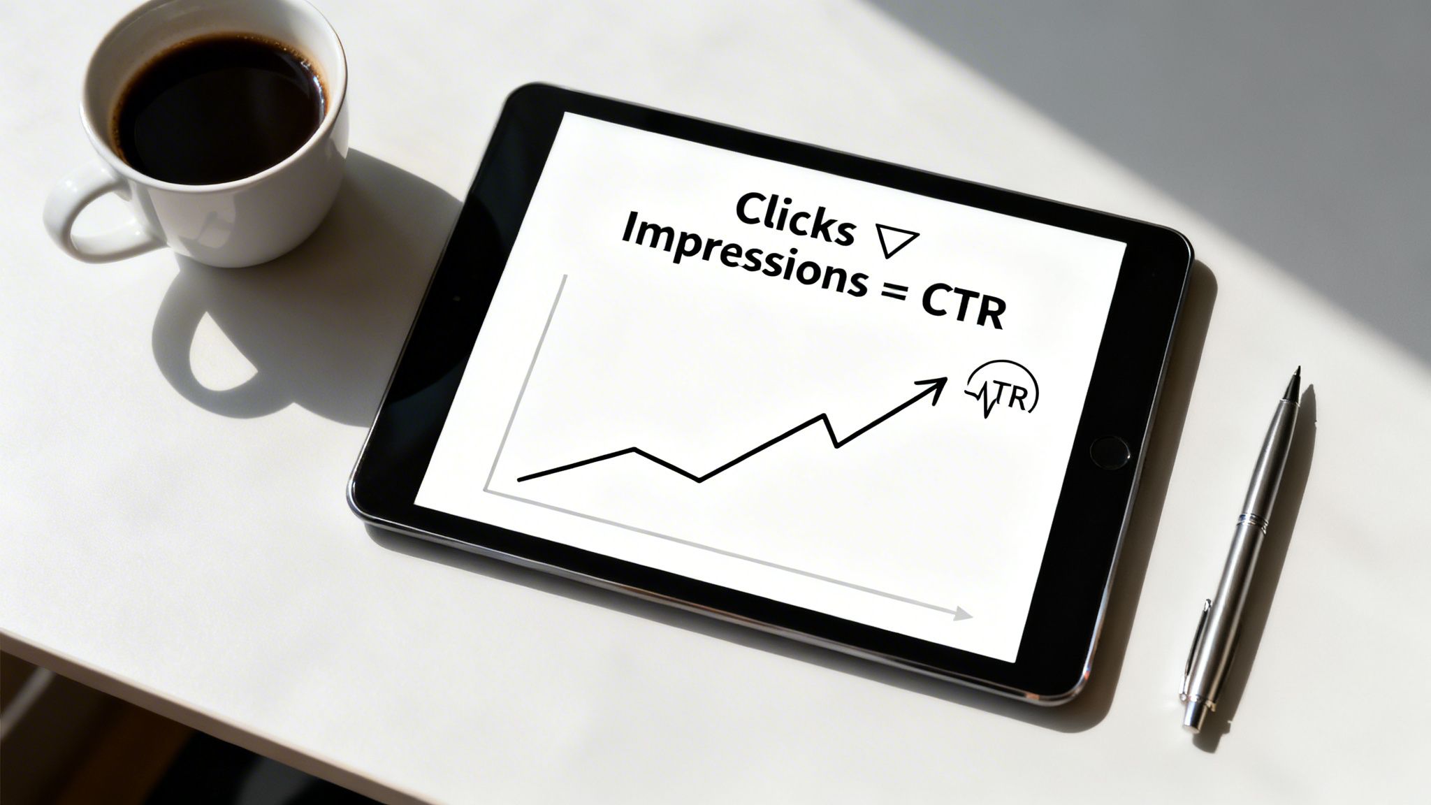 A tablet displays a graph showing increasing Click-Through Rate (CTR) with a formula, next to a coffee cup and pen.