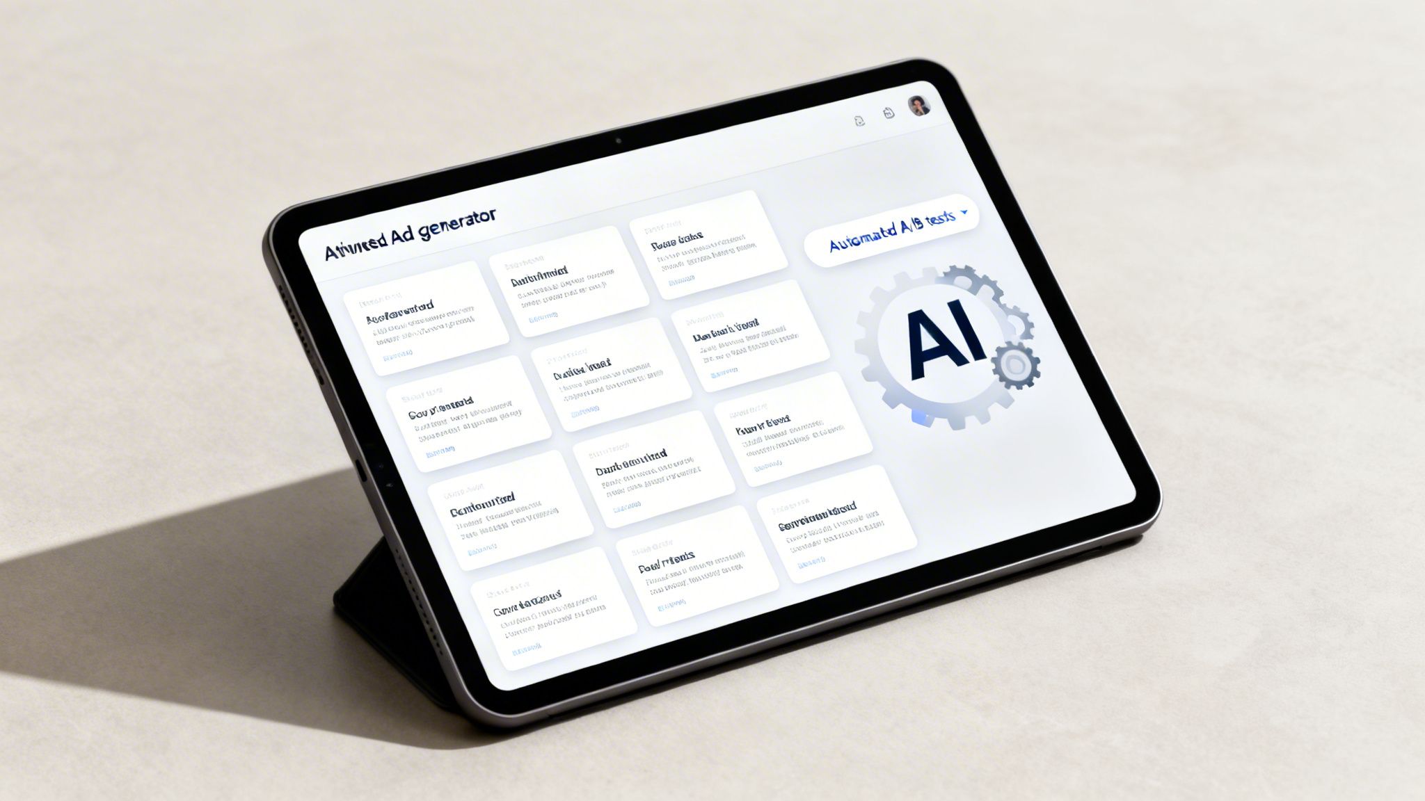A tablet displaying an AI-powered ad generator interface with automated A/B tests.