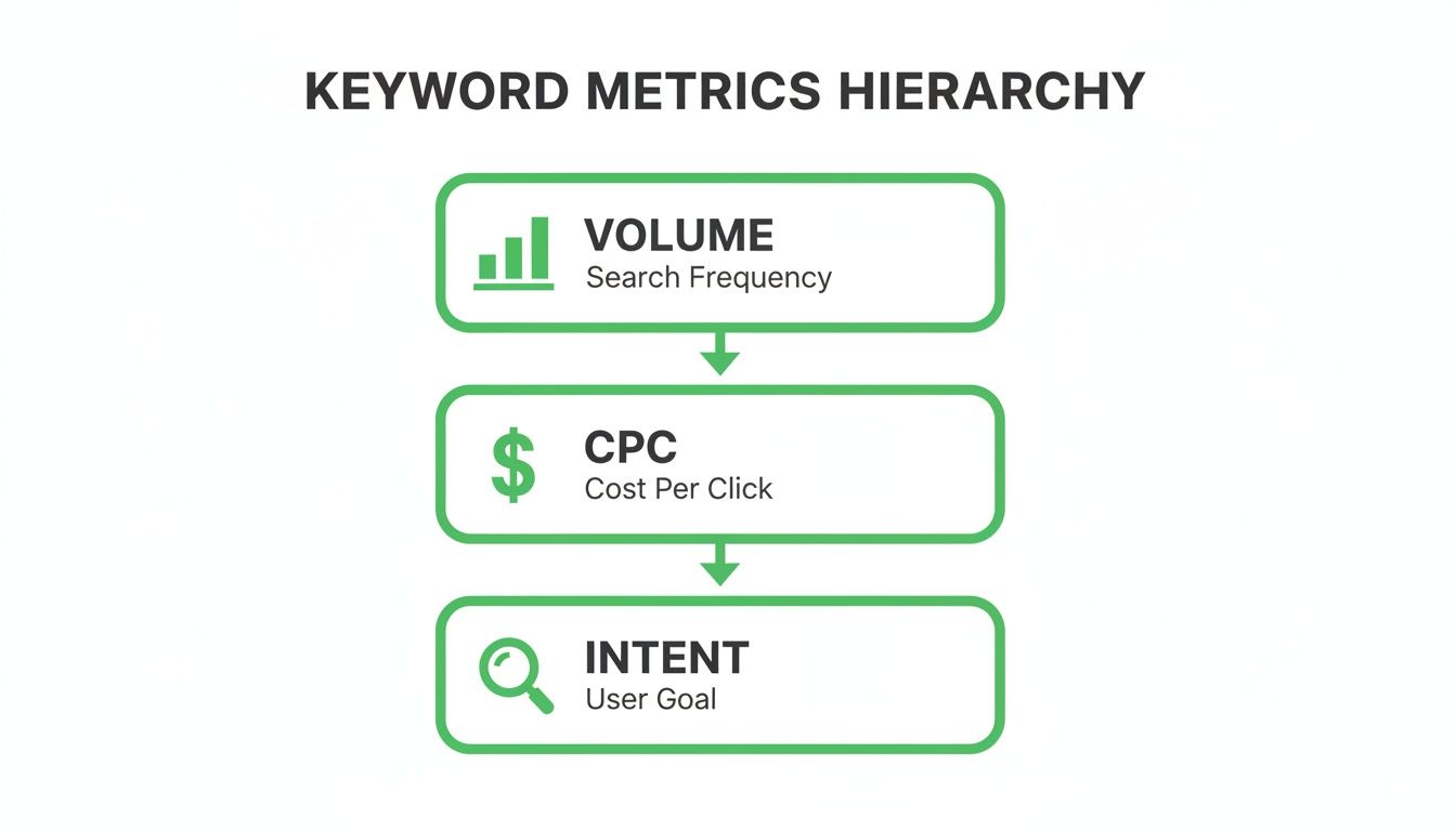 Diagram illustrating the hierarchy of keyword metrics: Volume, CPC, and Intent, with their definitions.