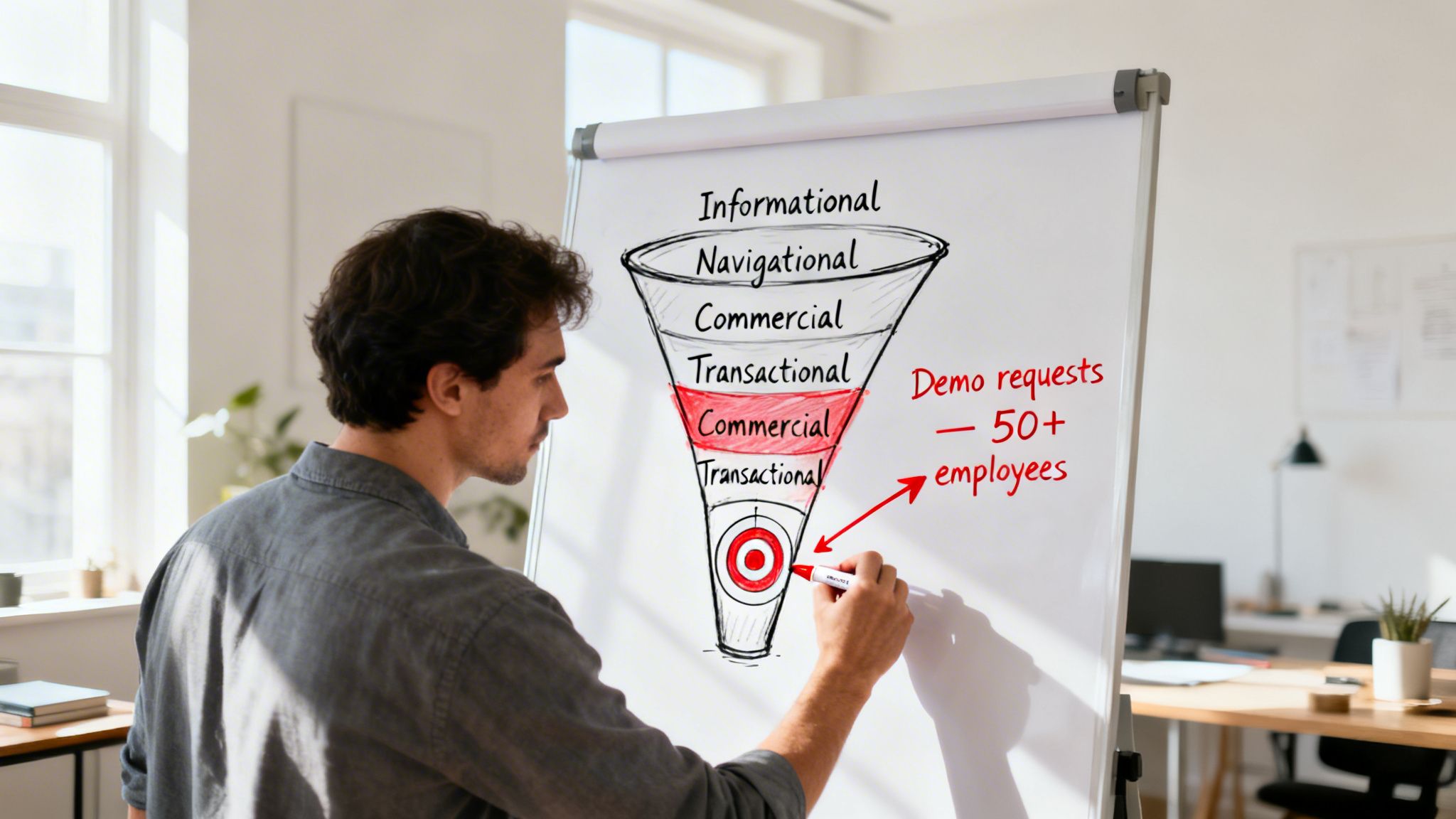 Man drawing a marketing funnel on a whiteboard, targeting demo requests from companies with 50+ employees.