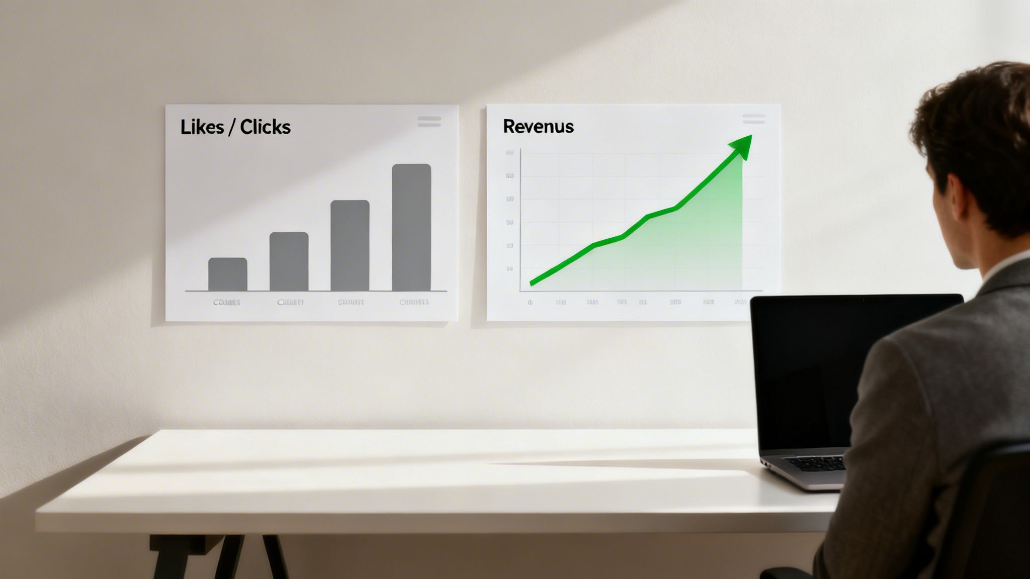 A person sits at a desk, viewing wall charts displaying business growth in likes/clicks and revenues.
