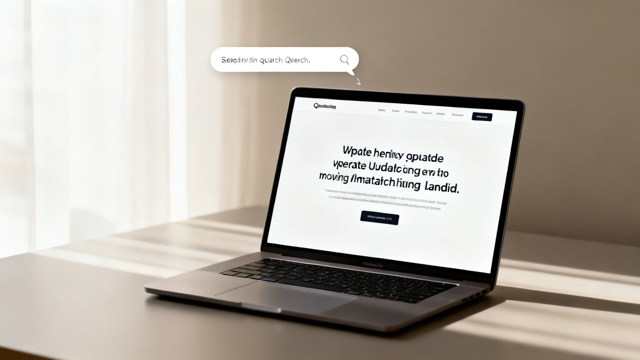 A modern laptop on a desk displaying a website with a search bar bubble above it.