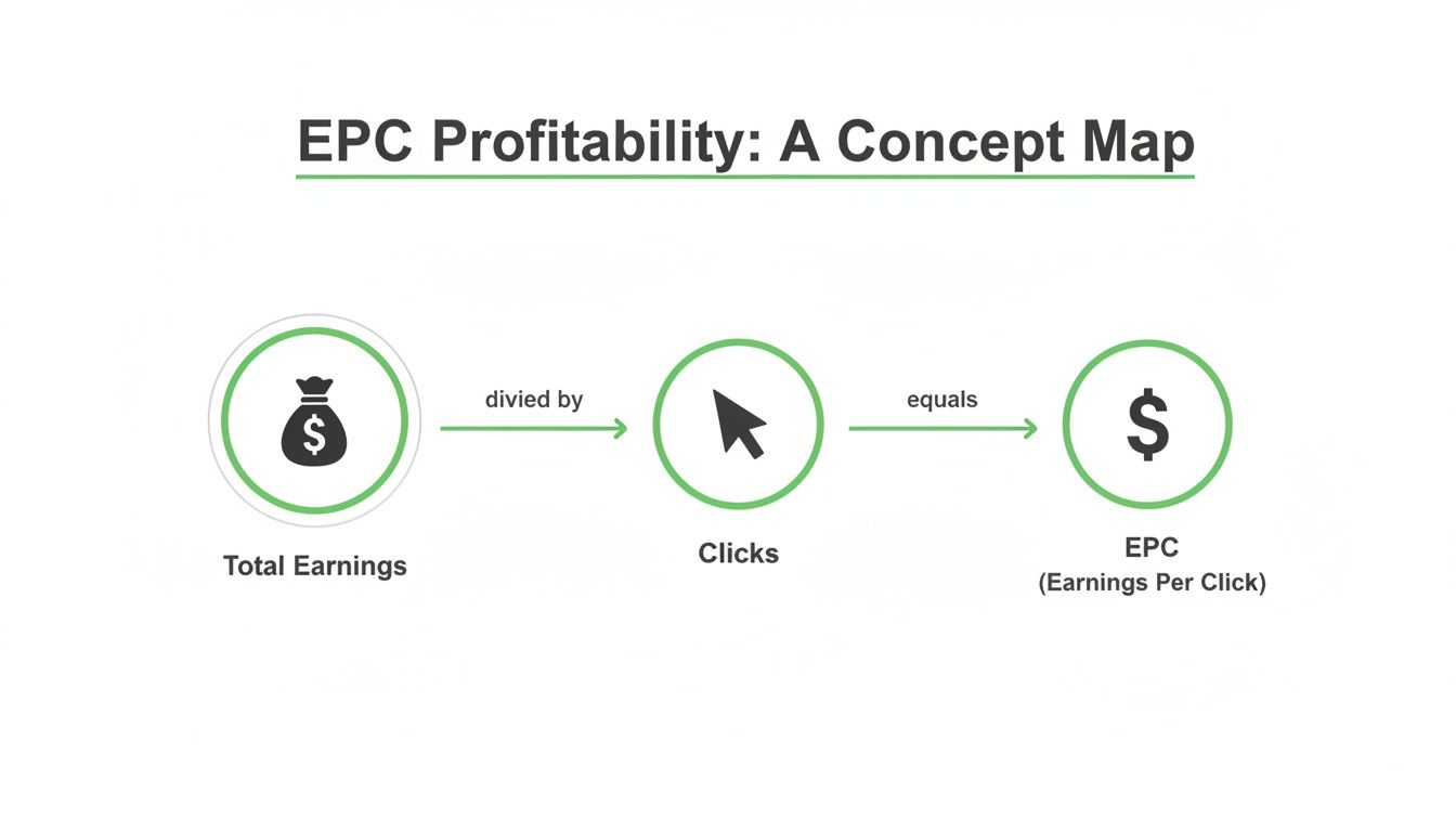 A concept map illustrating the formula for EPC: Total Earnings divided by Clicks equals Earnings Per Click.