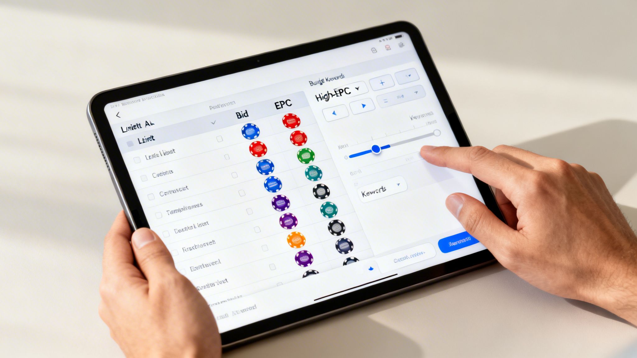 Hands interacting with a tablet displaying a digital marketing dashboard for bids and EPC metrics.