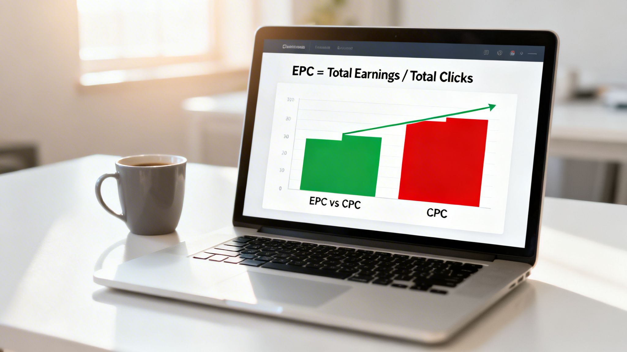 Laptop displaying a financial bar chart showing EPC vs CPC, with the formula EPC = Total Earnings / Total Clicks.