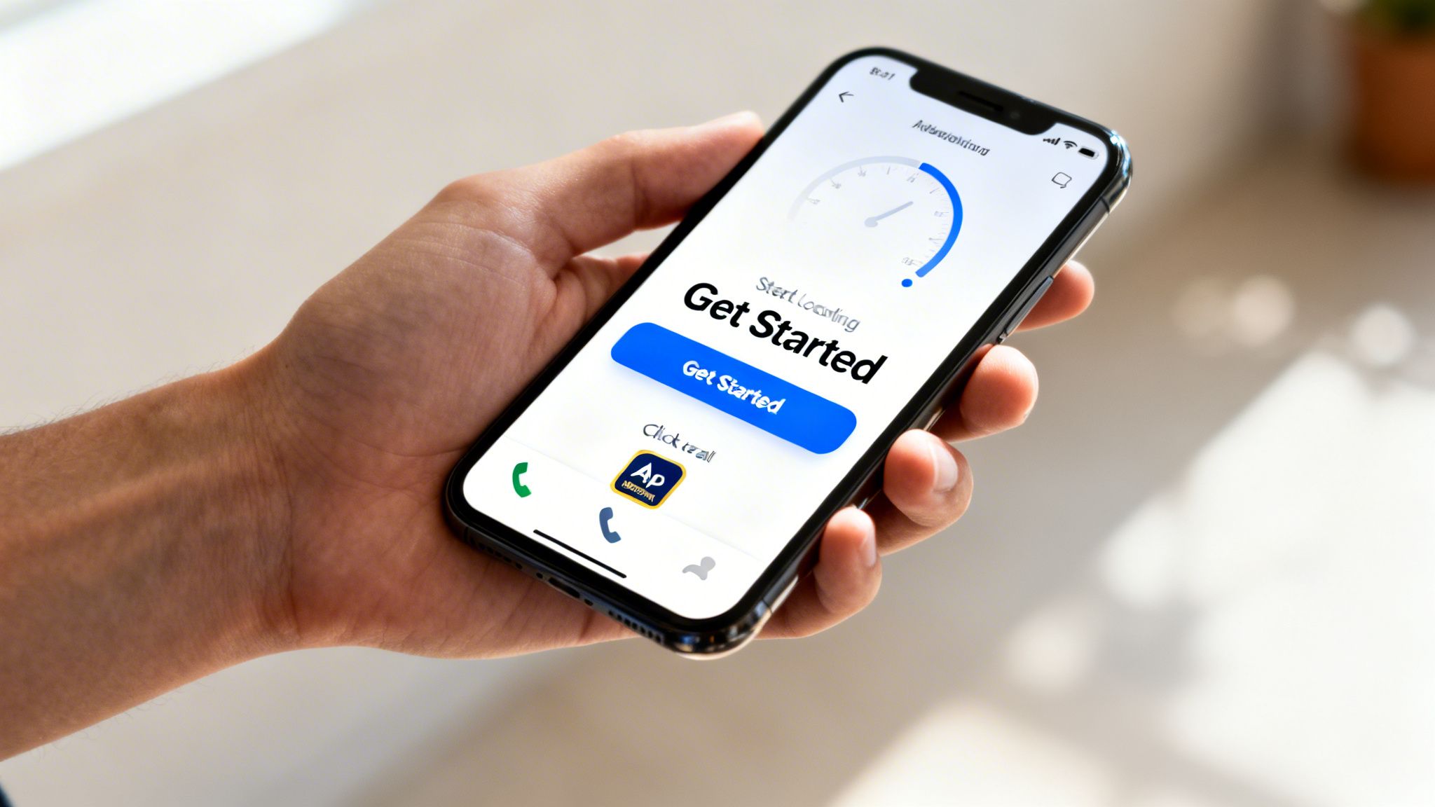 A hand holds a smartphone displaying a 'Get Started' app screen with a blue button and a dial.