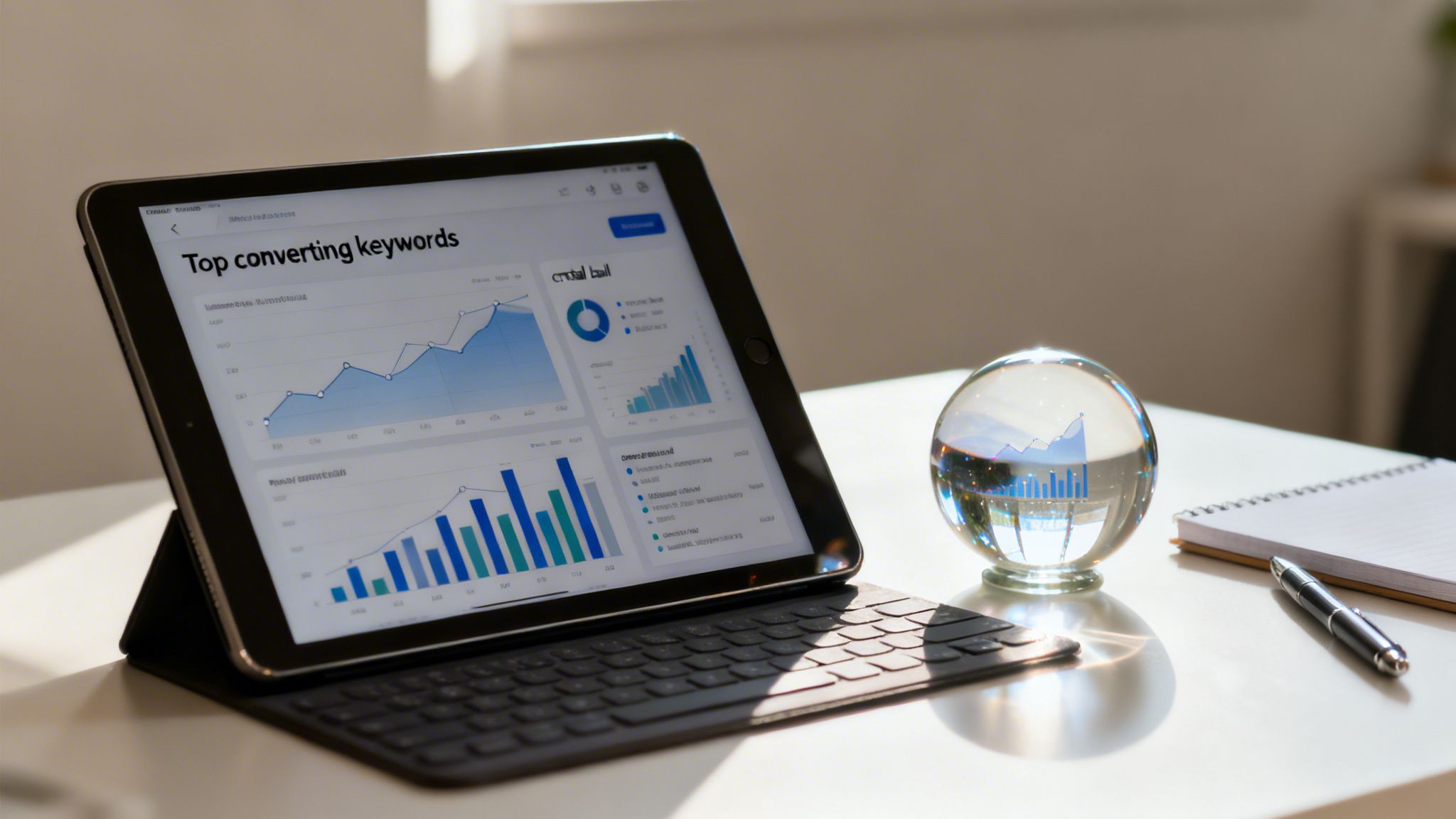 A tablet displaying 'Top converting keywords' data analytics, with a crystal ball reflecting growth, notebook, and pen.