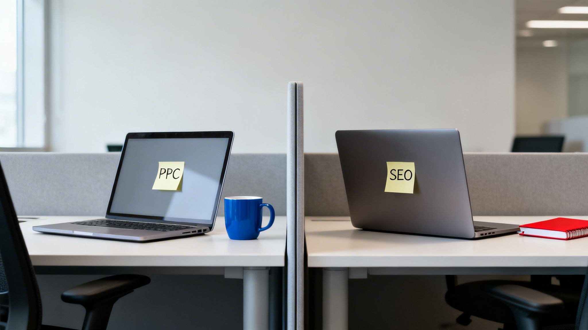 Two office desks with laptops, one labeled PPC and the other SEO, separated by a partition.