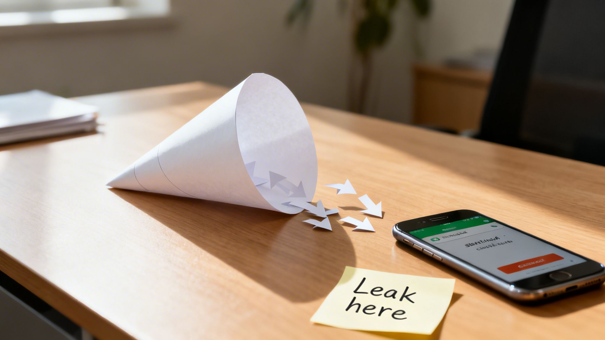 A paper cone spills white arrows onto a wooden desk, next to a smartphone and a 'Leak here' sticky note.