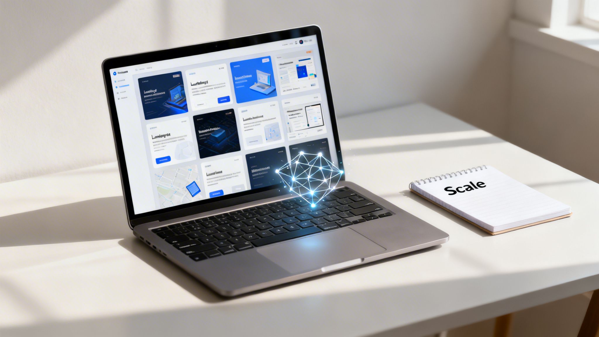 A laptop showing a dashboard with a glowing AI symbol, next to a notebook saying 'Scale'.