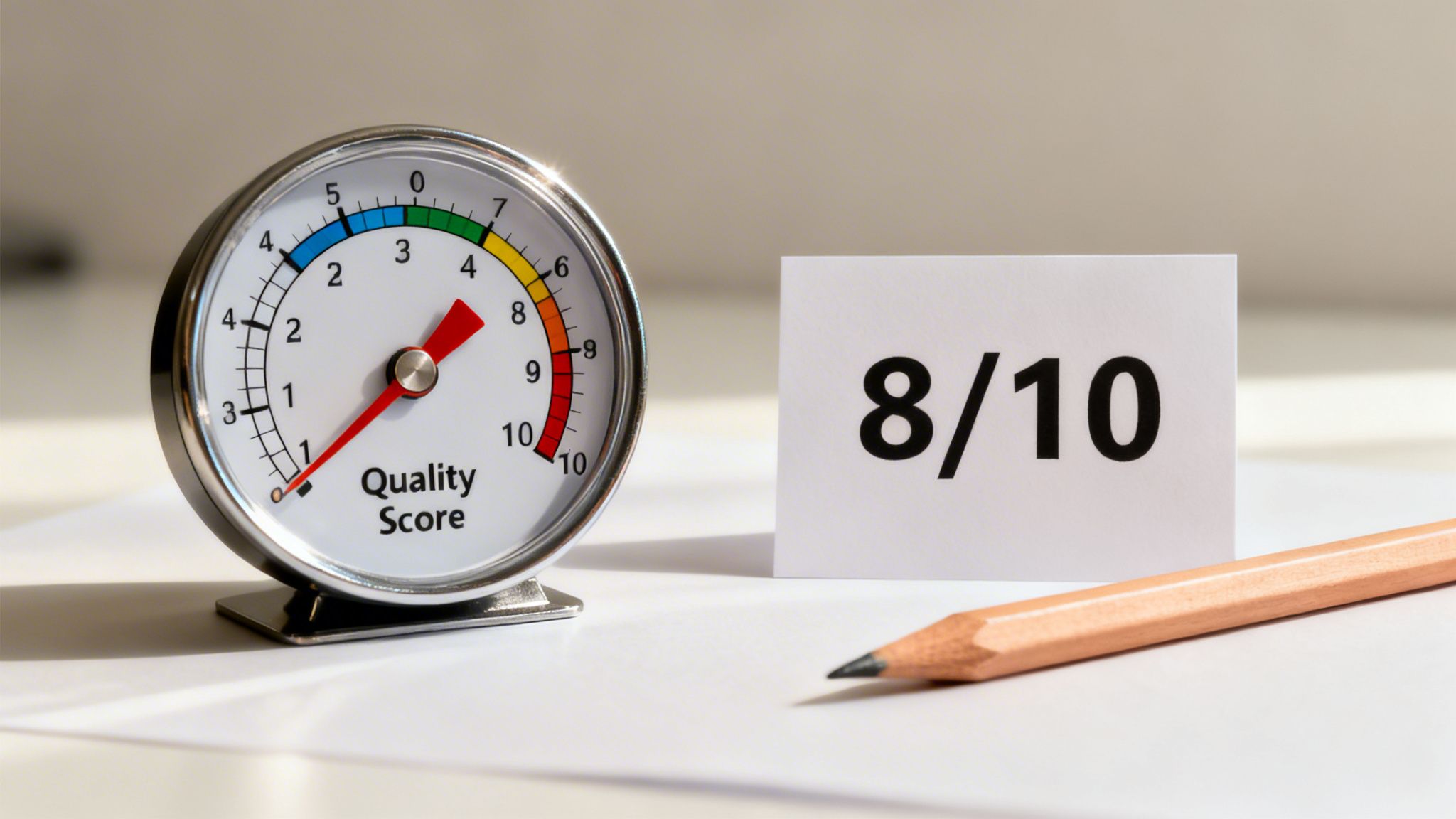 Quality score gauge displaying 8, alongside a card stating '8/10' and a wooden pencil.