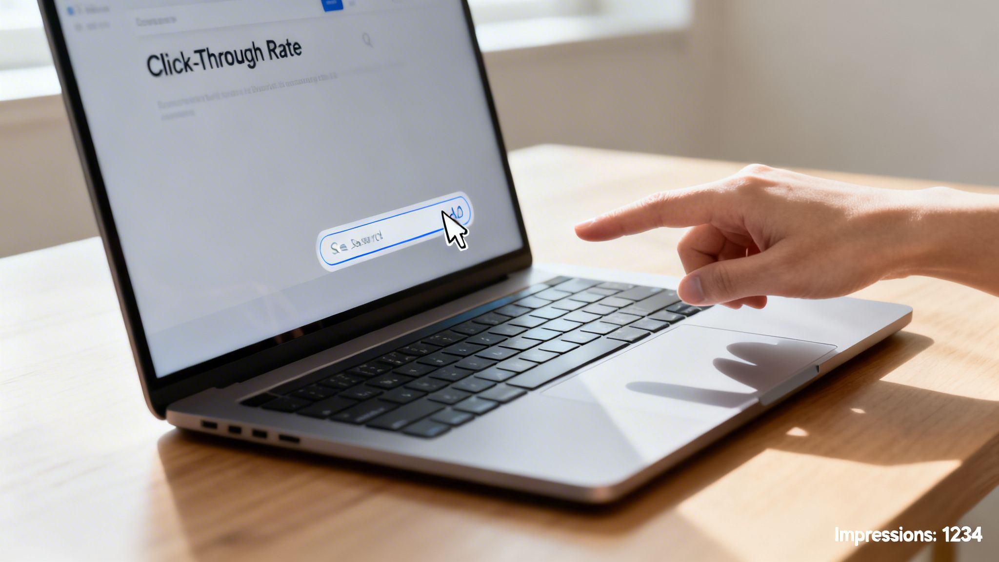 A person's hand points at a laptop screen displaying 'Click-Through Rate' and a search bar for marketing reports.
