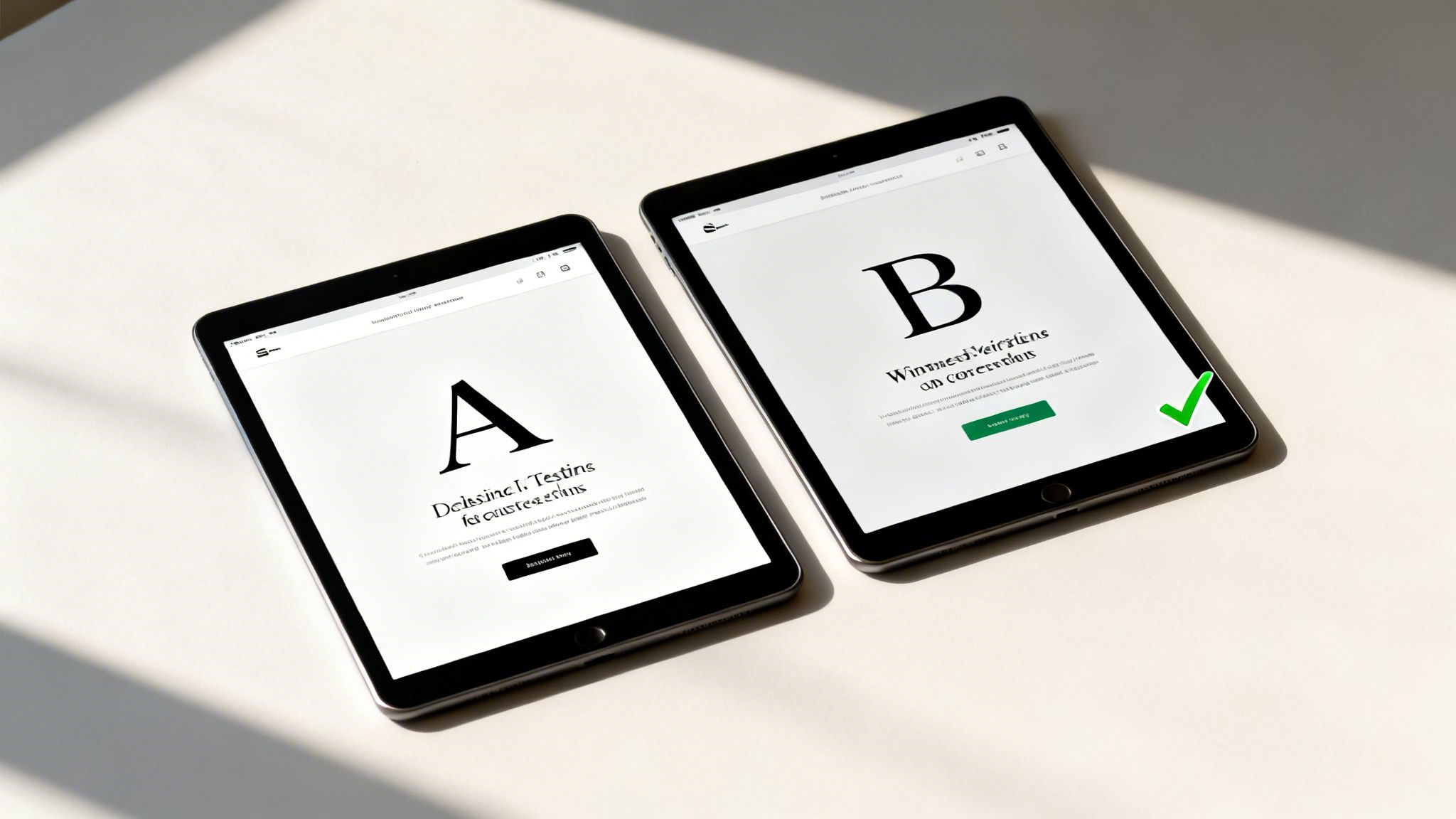 Two tablets displaying a website A/B test, with option B selected as the winning variant.