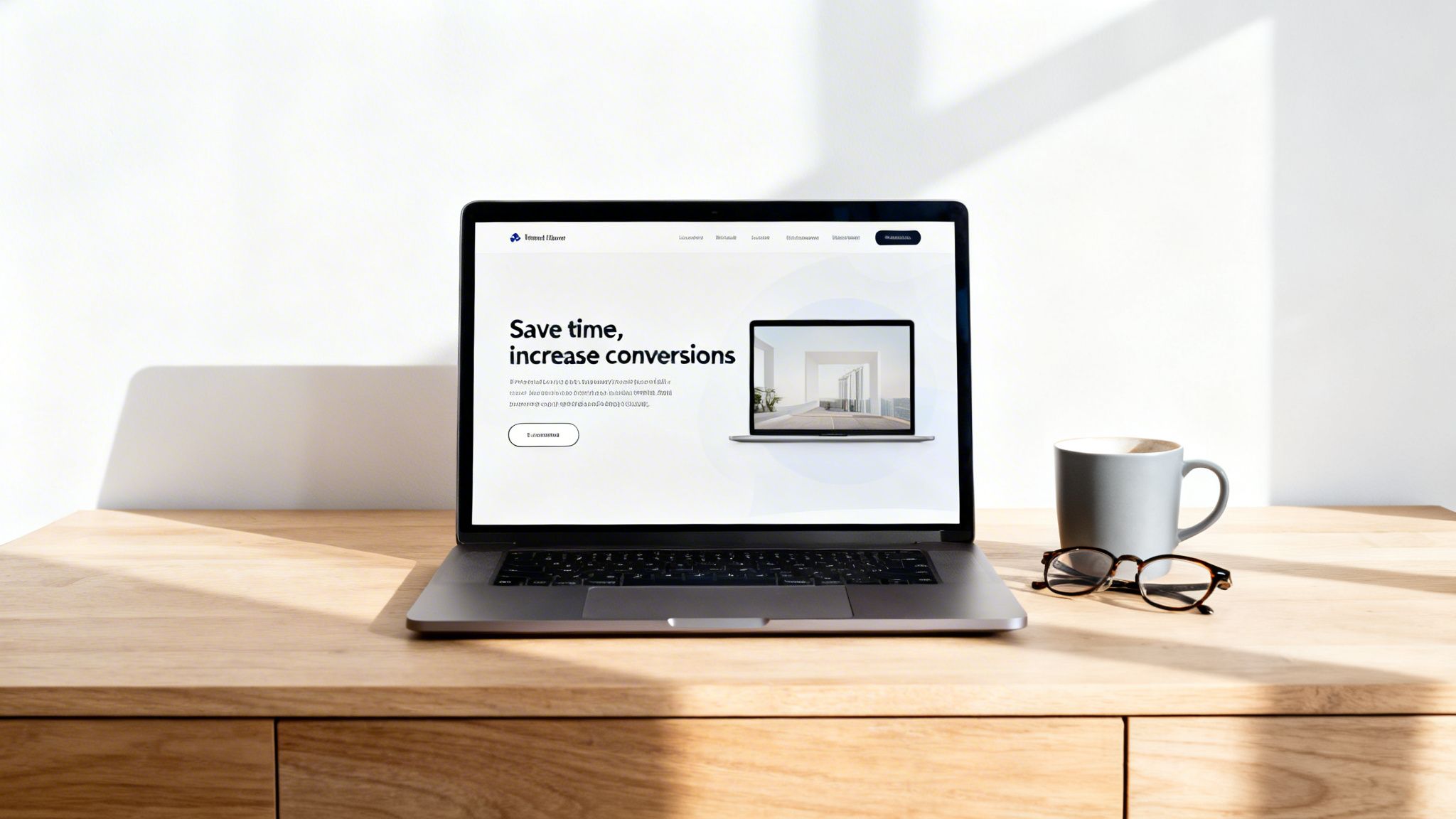 Laptop displaying a landing page with a conversion-focused headline on a wooden desk with a coffee mug and glasses.