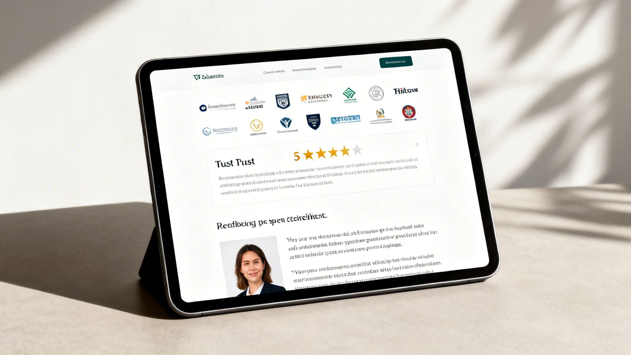 A tablet displaying a website with company logos, a 5-star rating, testimonials, and a woman's photo.