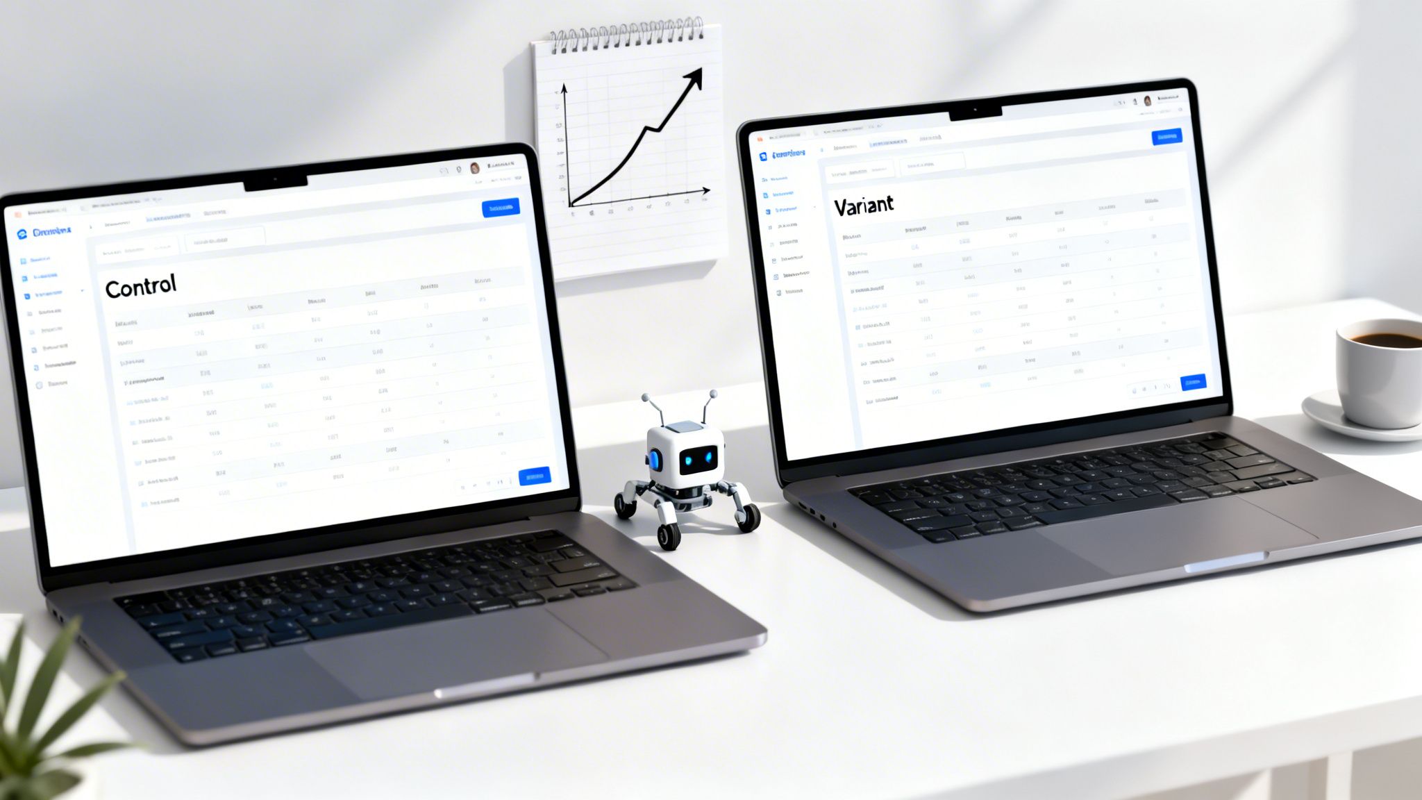 Two laptops display A/B testing interfaces, a robot, coffee, and a growth chart on a white desk.