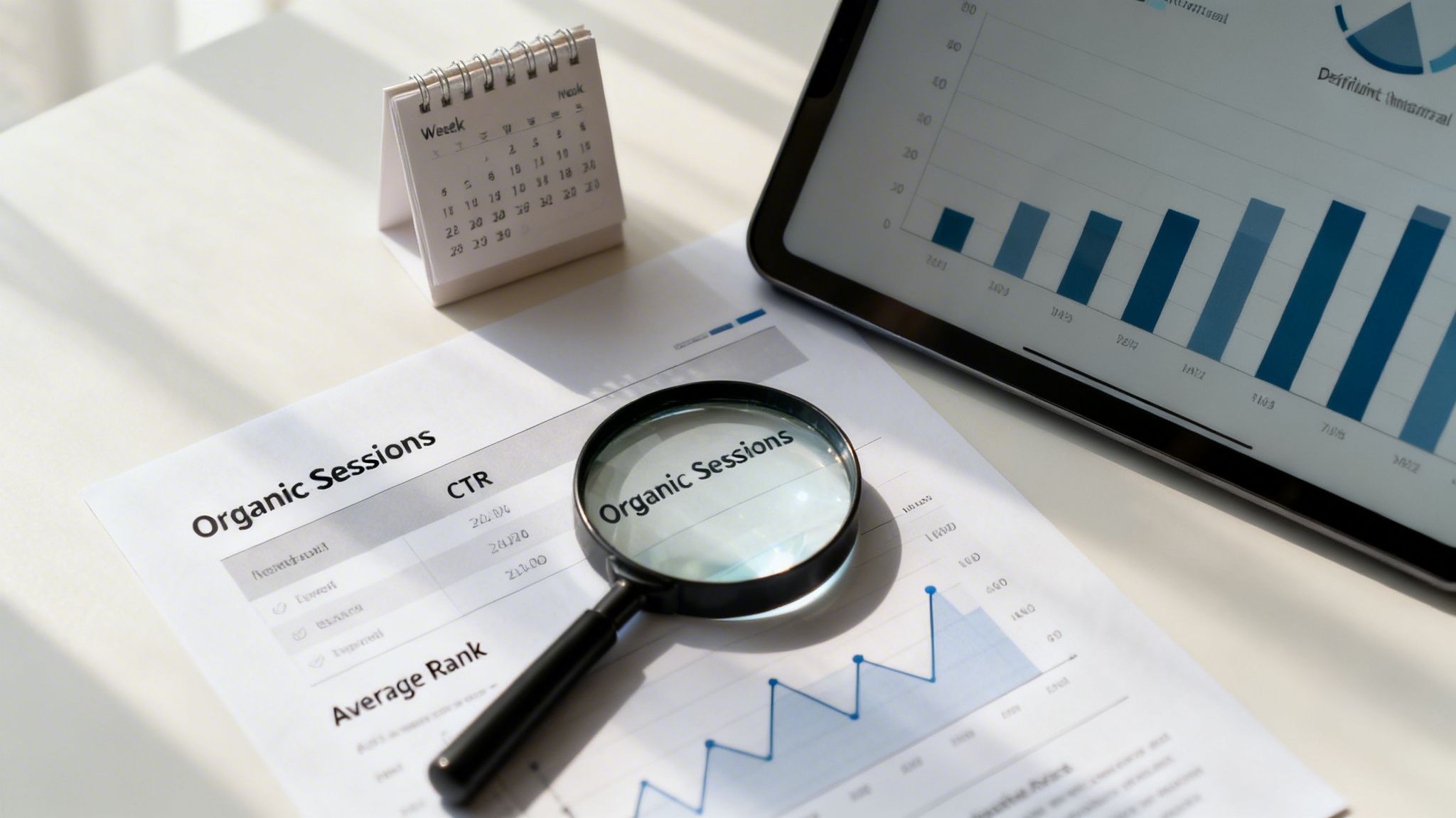 A desk setup with documents showing 'Organic Sessions' data, a magnifying glass, a calendar, and a tablet displaying charts, representing SEO analysis.