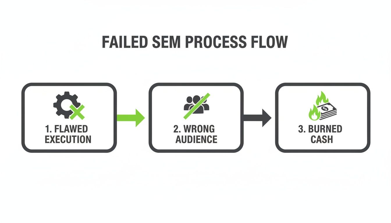 Flowchart illustrating a failed SEM process: flawed execution leads to wrong audience and burned cash.