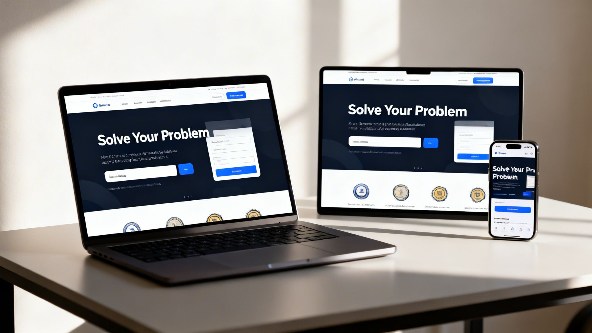 Modern laptop, tablet, and smartphone displaying a 'Solve Your Problem' webpage with responsive design.