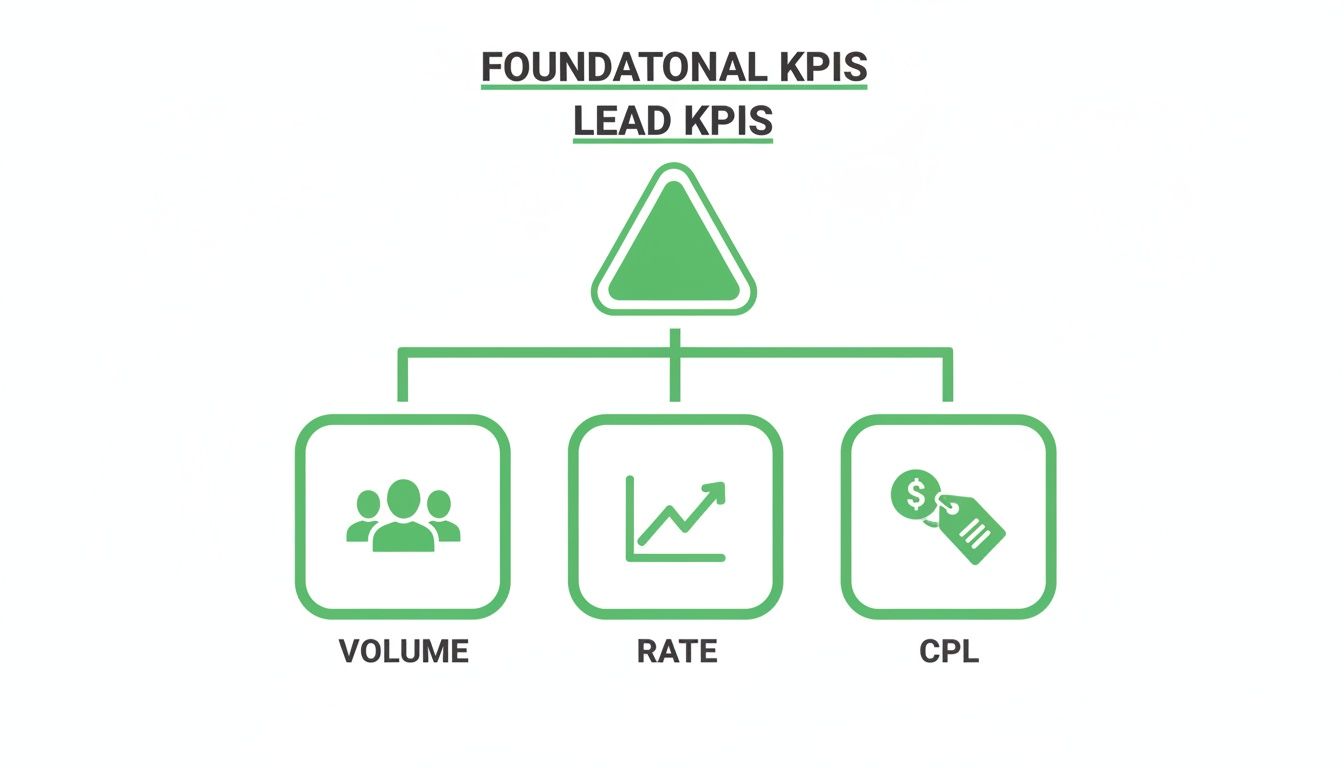 Foundational KPIs diagram illustrating Lead KPIs segmented by Volume, Rate, and CPL metrics with icons.