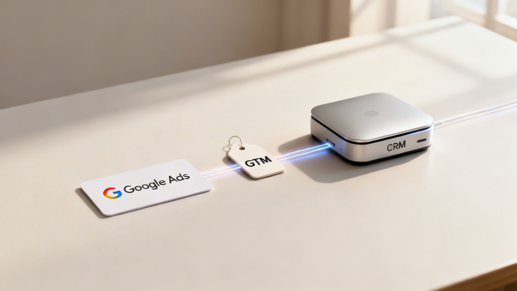 Visualizing data flow from Google Ads through GTM to a CRM system.