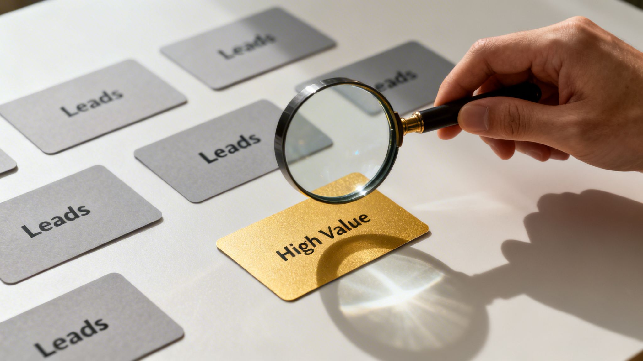 A hand holds a magnifying glass over a golden 'High Value' card, surrounded by grey 'Leads' cards.