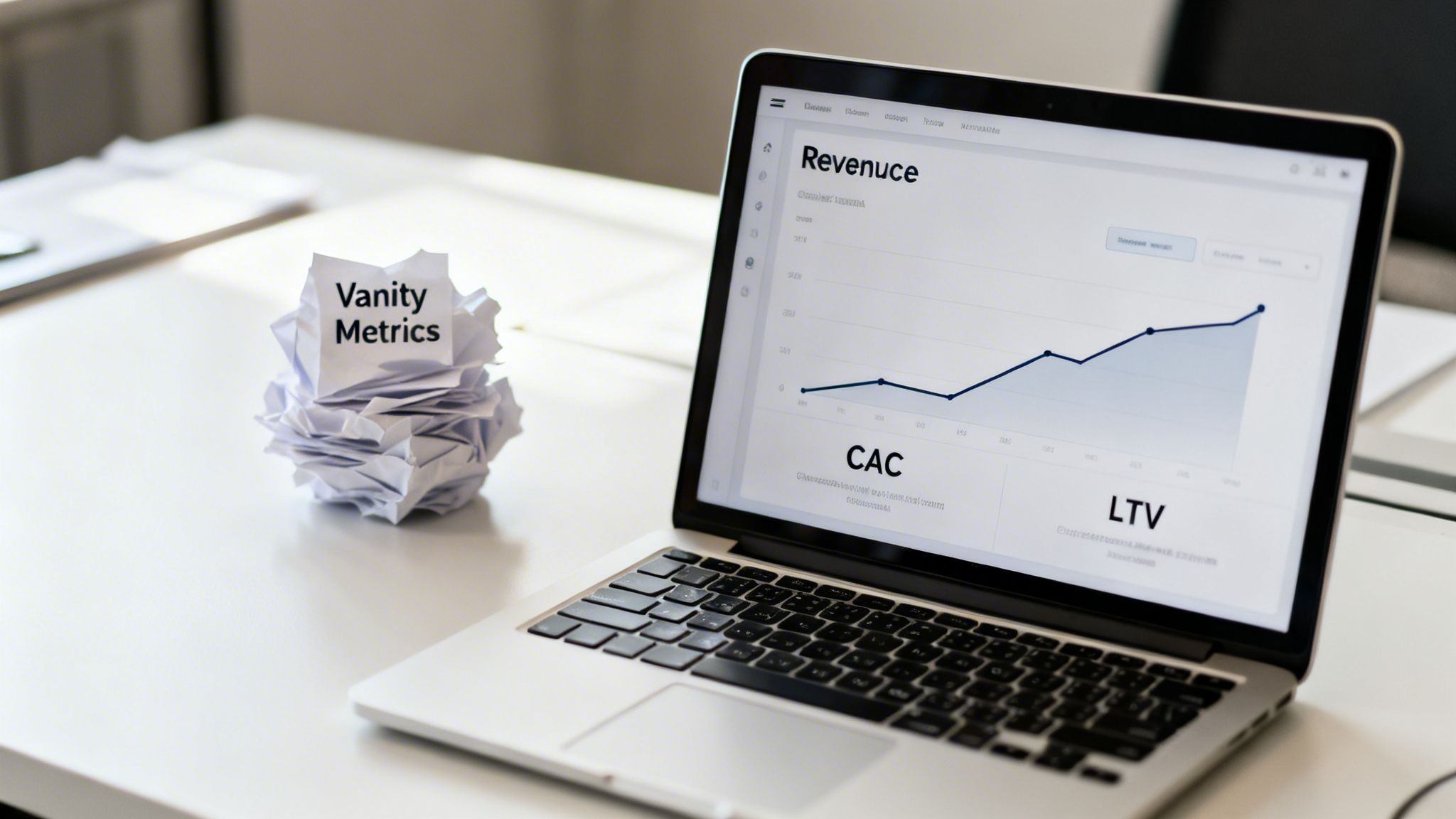 A laptop displaying revenue graphs and key performance indicators next to crumpled 'Vanity Metrics' papers.