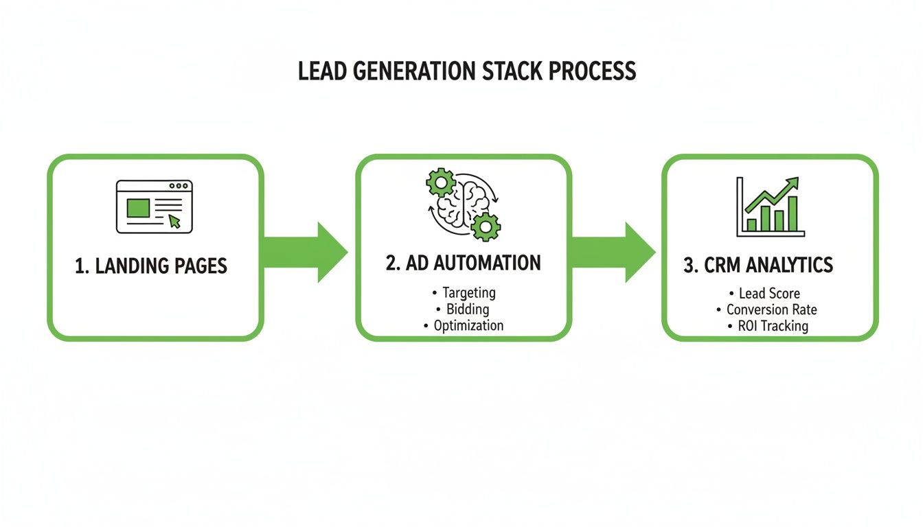 A diagram illustrating the lead generation stack process with three steps: Landing Pages, Ad Automation, and CRM Analytics.