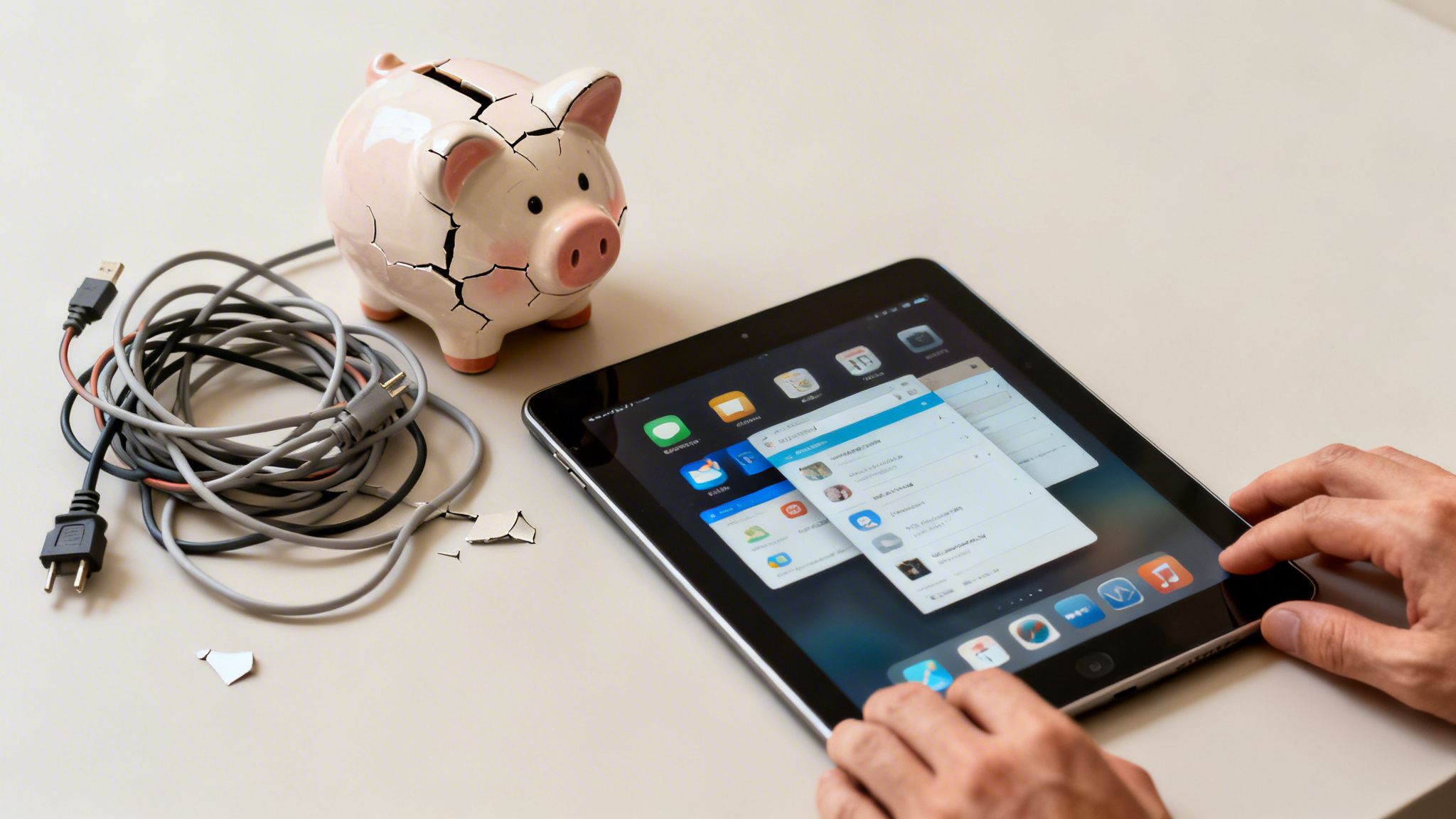 A broken piggy bank, tangled cables, and hands interacting with a tablet on a desk.